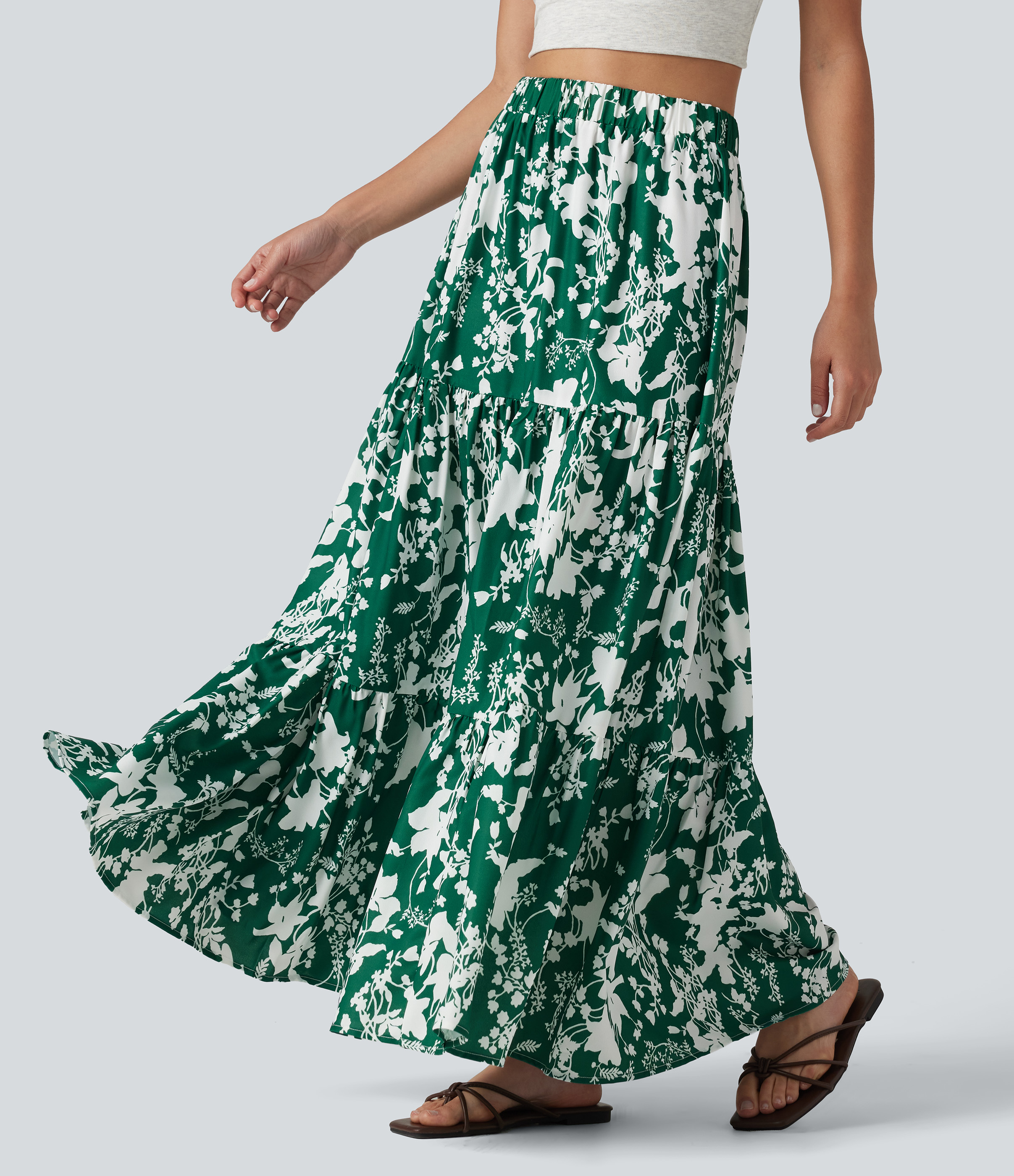 High Waisted Floral Print Tiered Maxi Resort Flowy Skirt