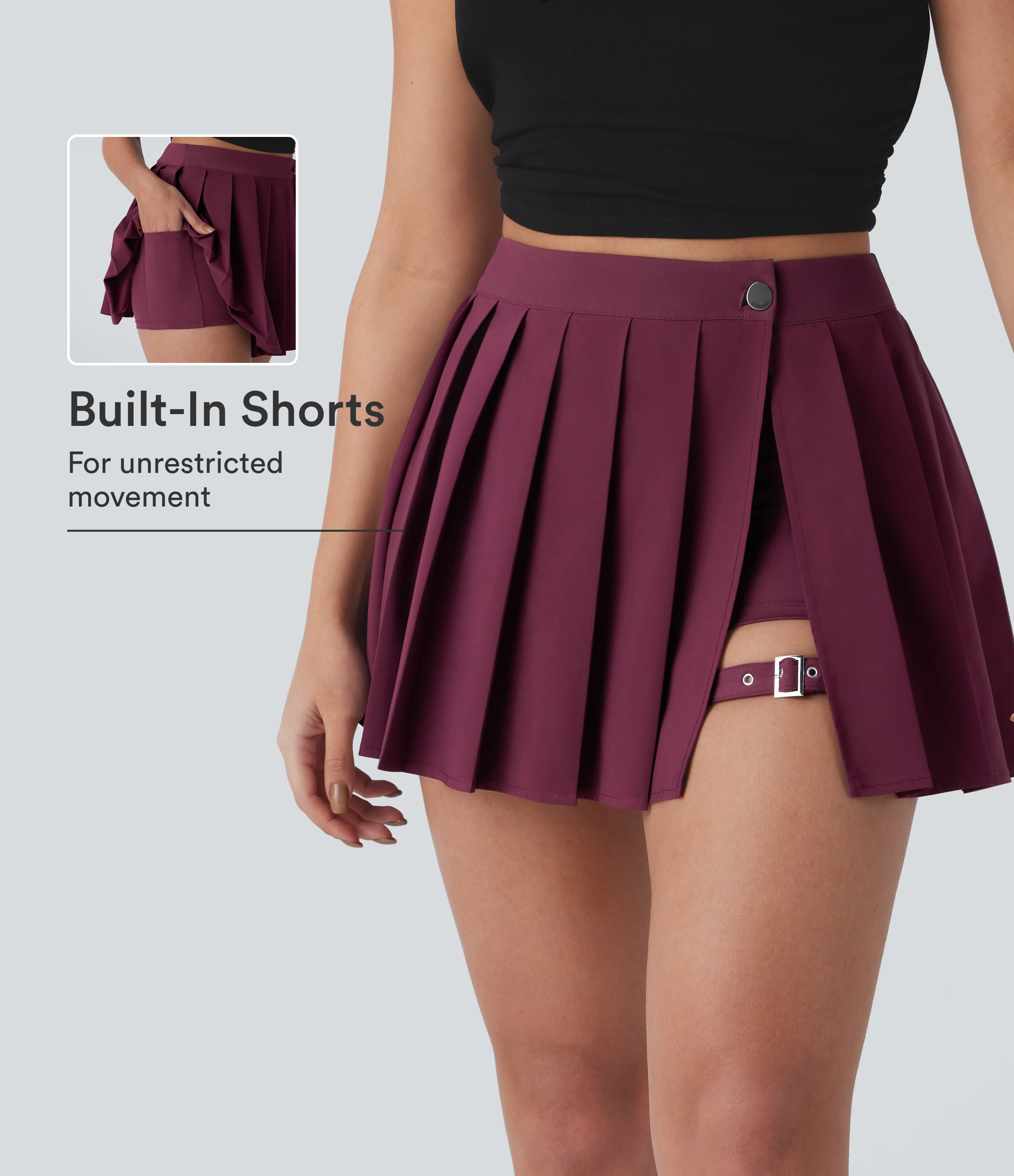 Breezeful™ High Waisted Wrapped Pleated 2-in-1 Pocket Adjustable Buckle Mini Quick Dry Casual Skirt