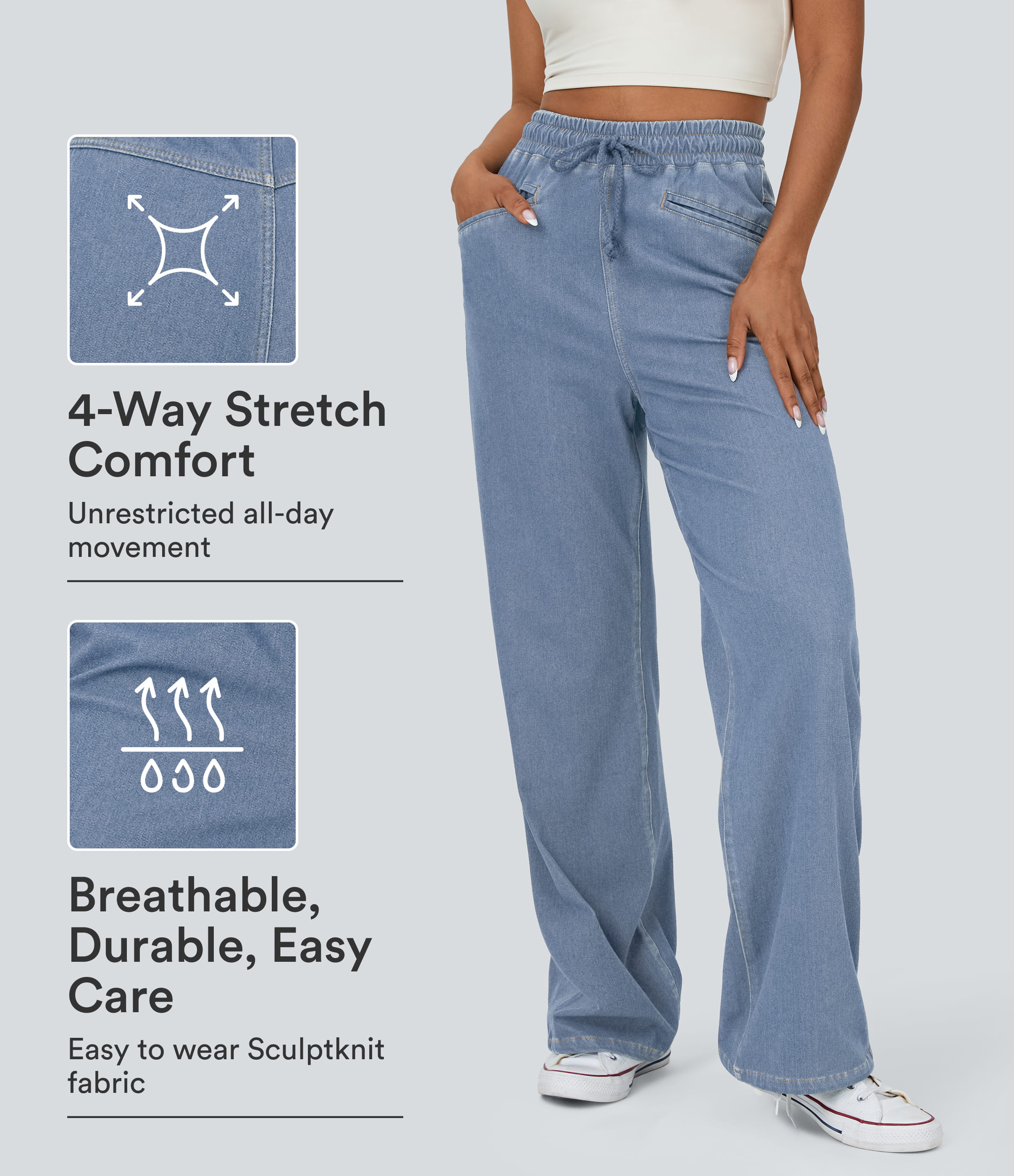 Halara Flex™ High Waisted Drawstring Pocket Cool Touch Breathable Washed Stretchy Knit Wide Leg Casual Sweatpants Jeans