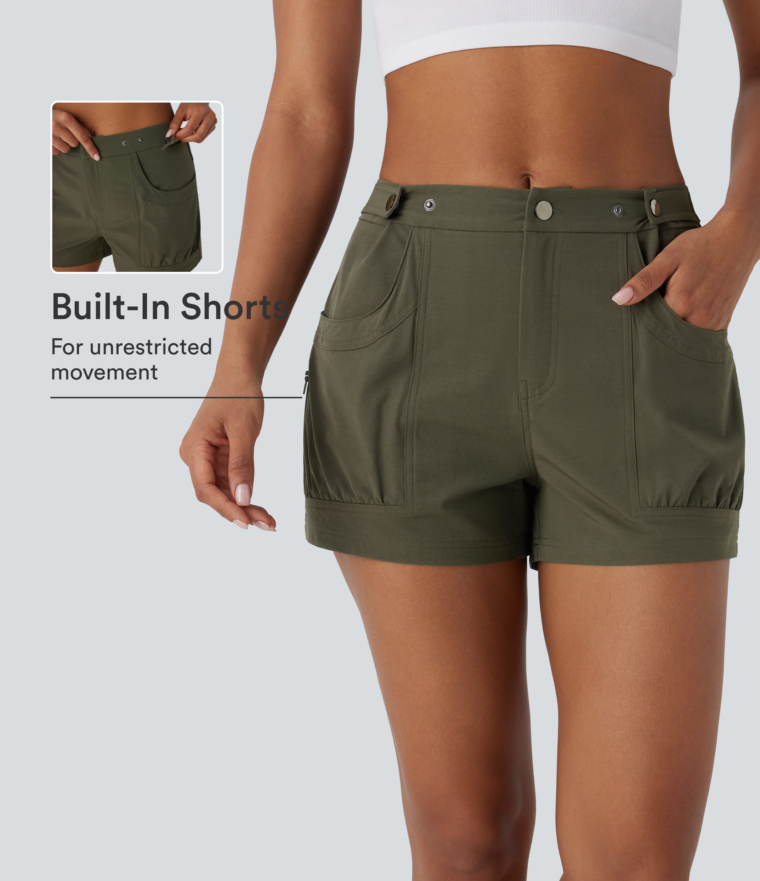 Mid Rise Adjustable Waistband Pocket Casual Shorts
