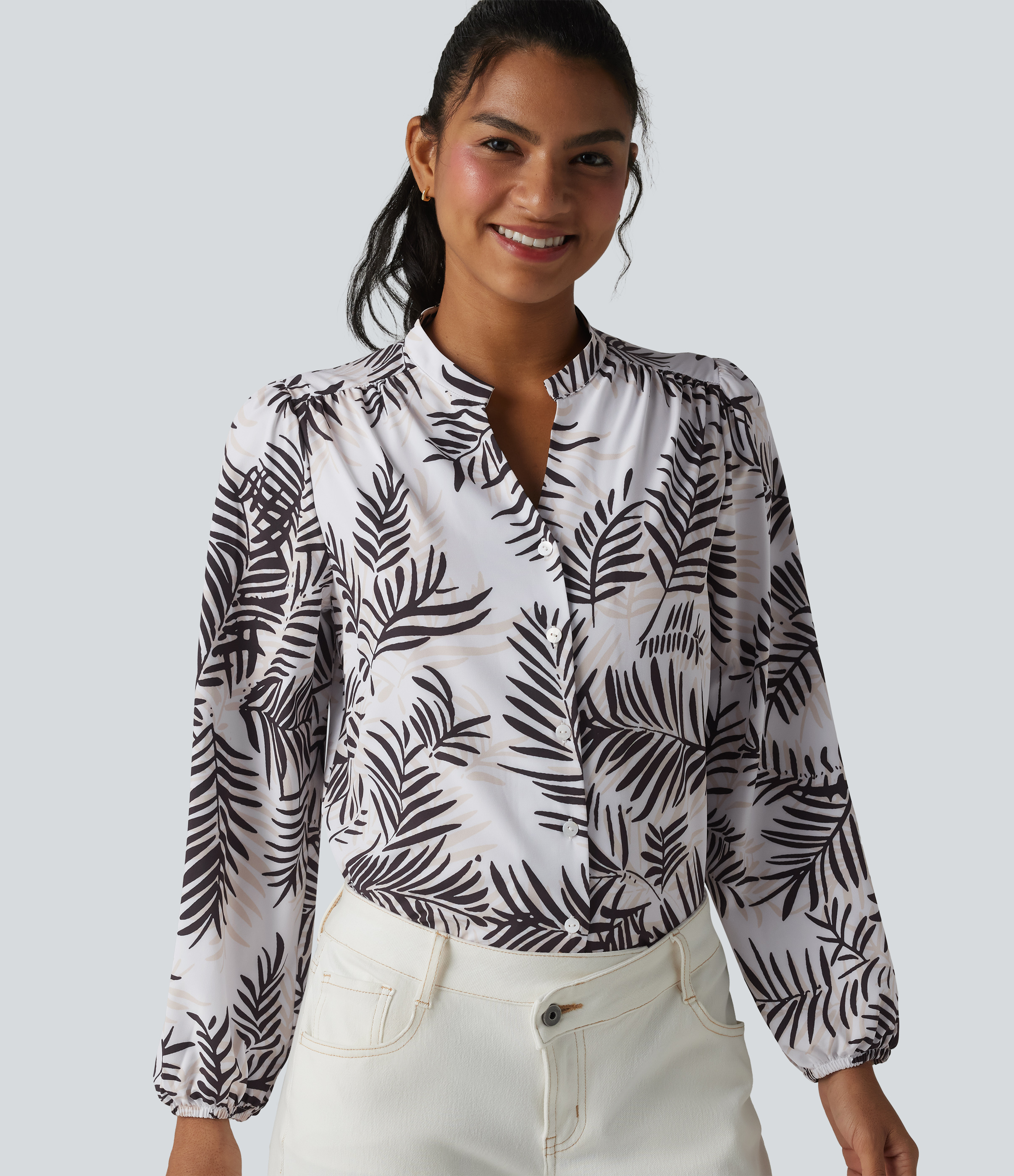 Blouse habillée col V manches longues imprimé tropical botanique