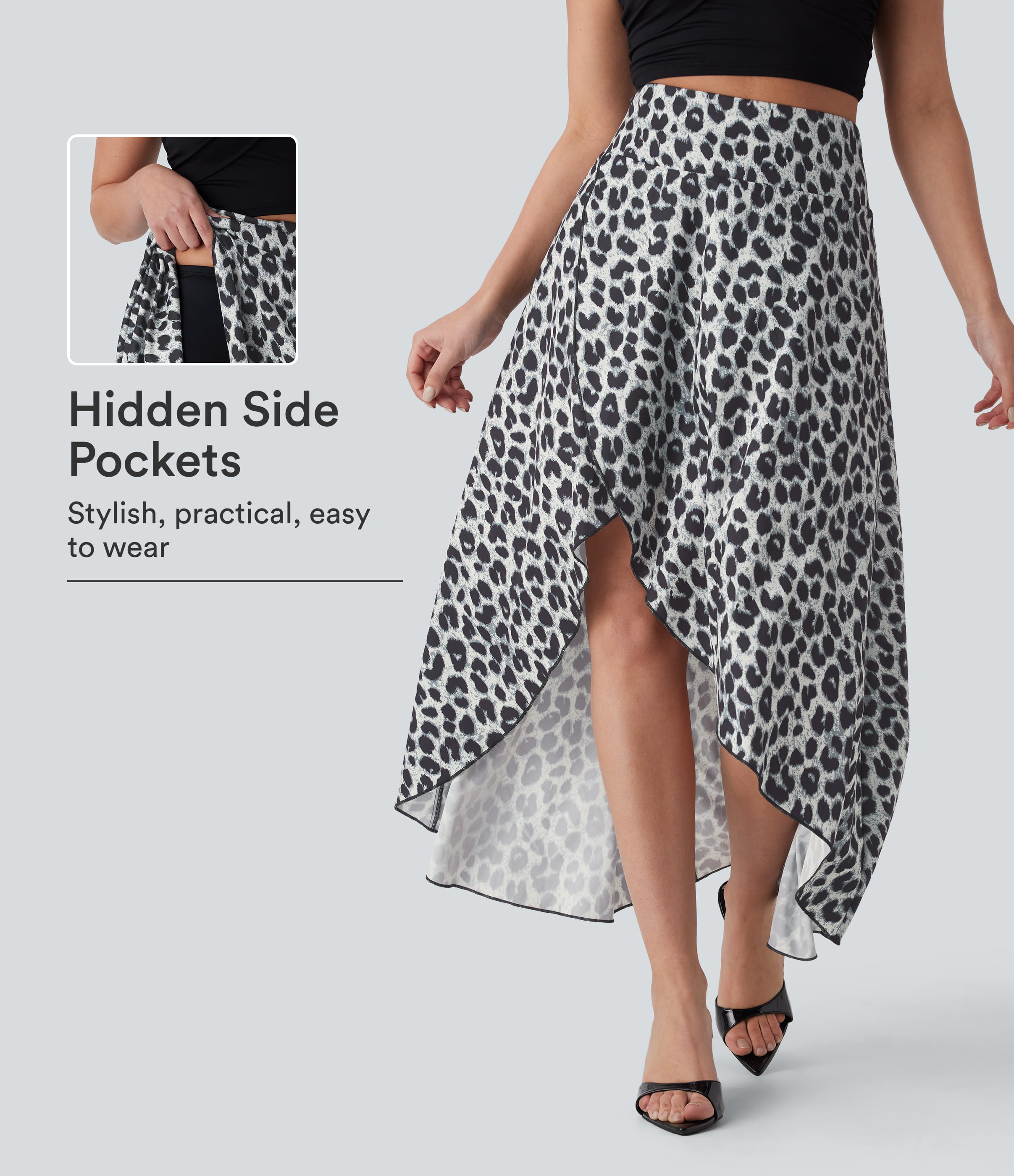 High Waisted High Low Ruffle Leopard Print Midi Flowy 2 Piece Skirt