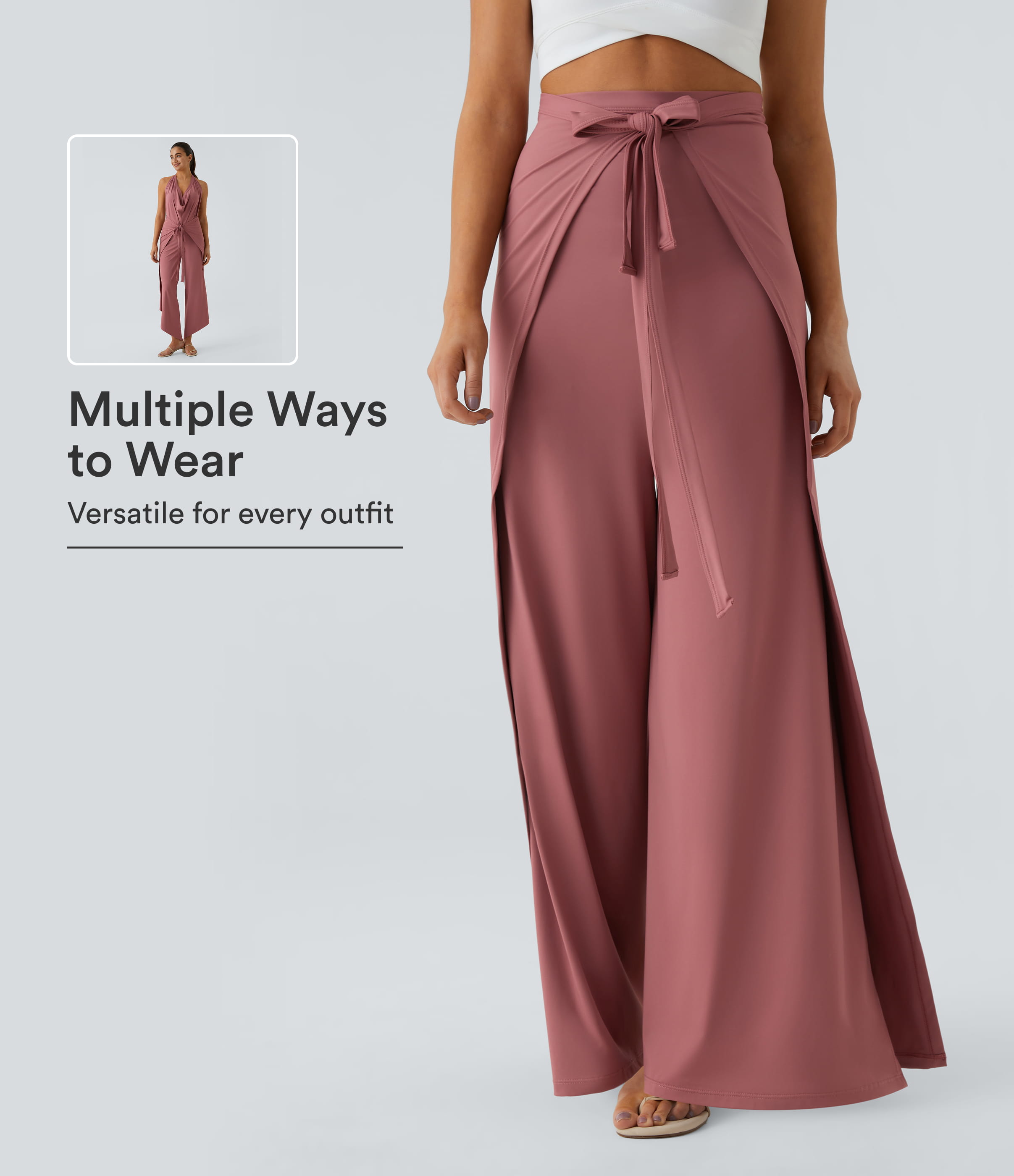 High Waisted Tie Front Hem Palazzo Wide Leg Flowy Casual Pants