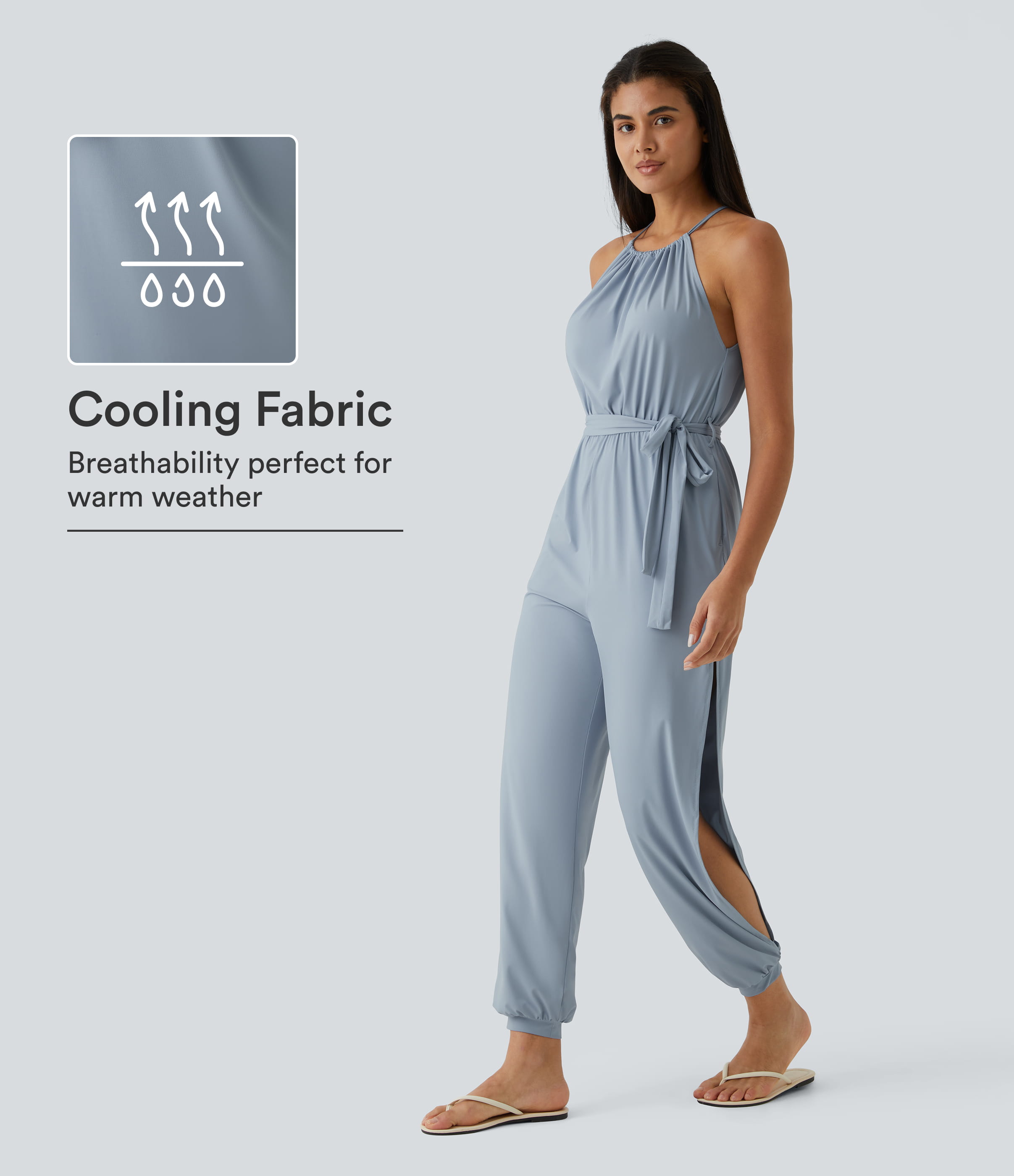 Sleeveless Tie Back Belted Pocket Cut Out Cool Touch Jumpsuit-UPF50+