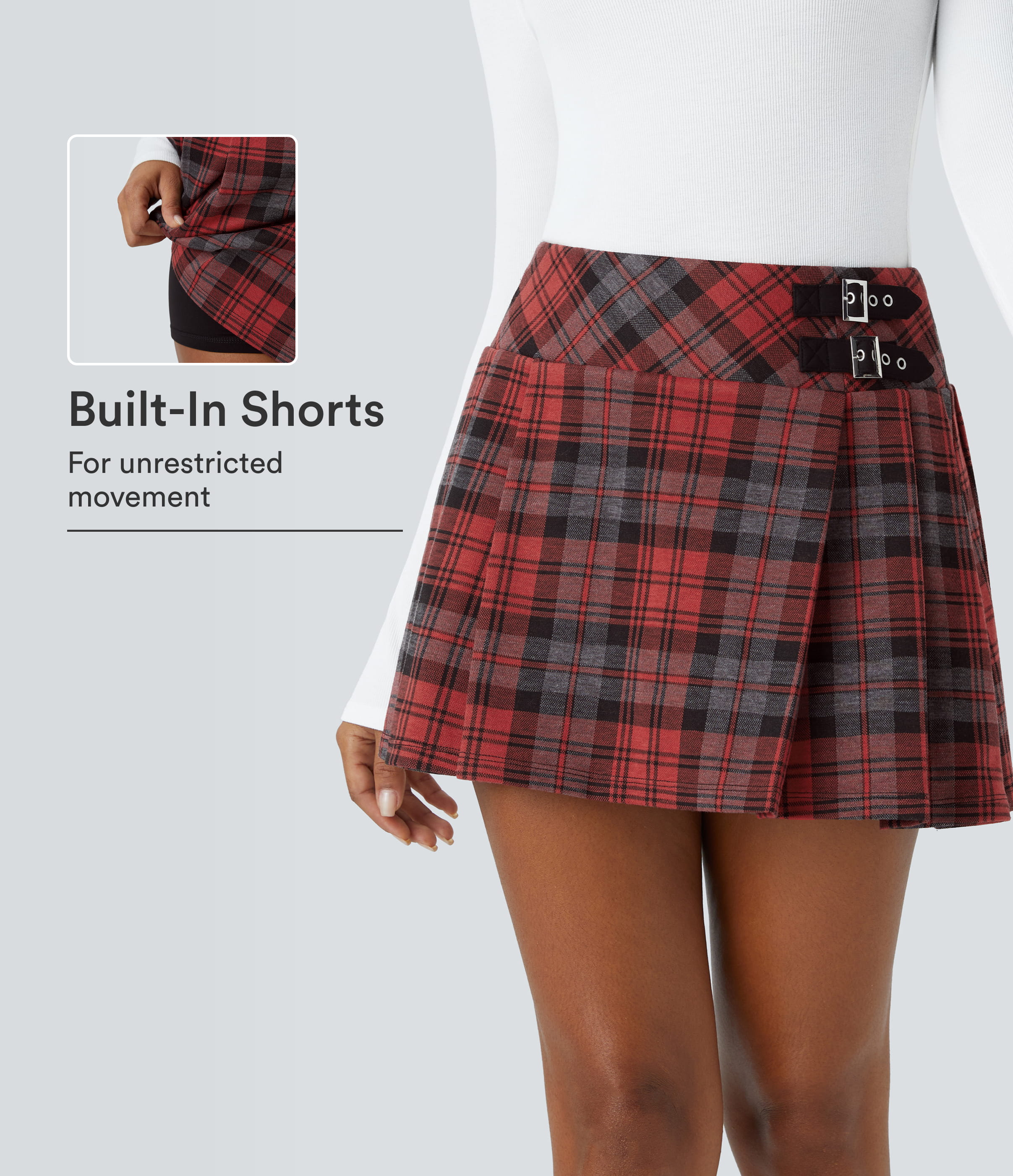 High Waisted Decorative Buckle 2-in-1 Plaid Pleated Mini Casual Skirt