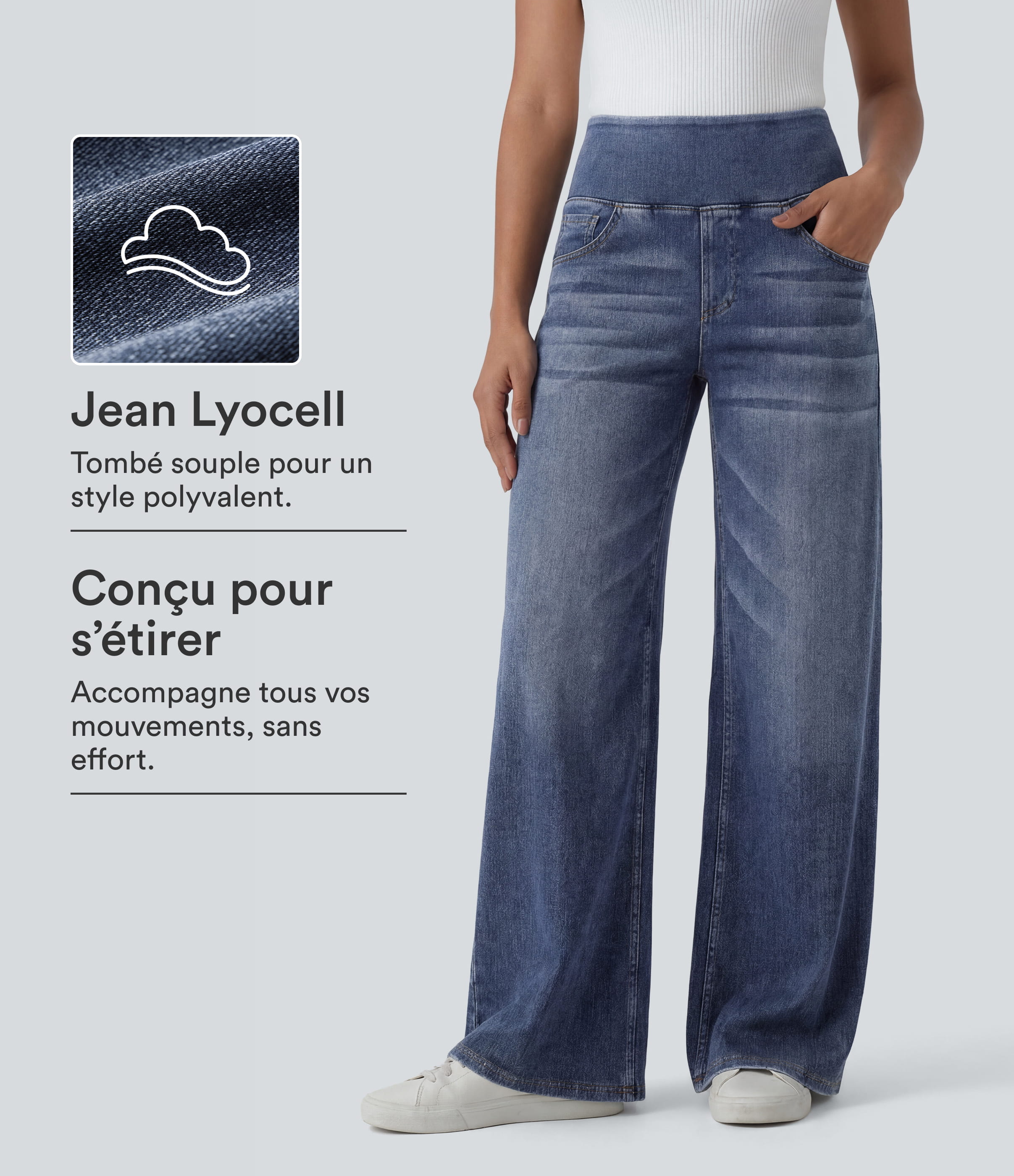 Halara Flex™ Jean large casual baggy taille mi-haute en lyocell drapé effet délavé, avec poches