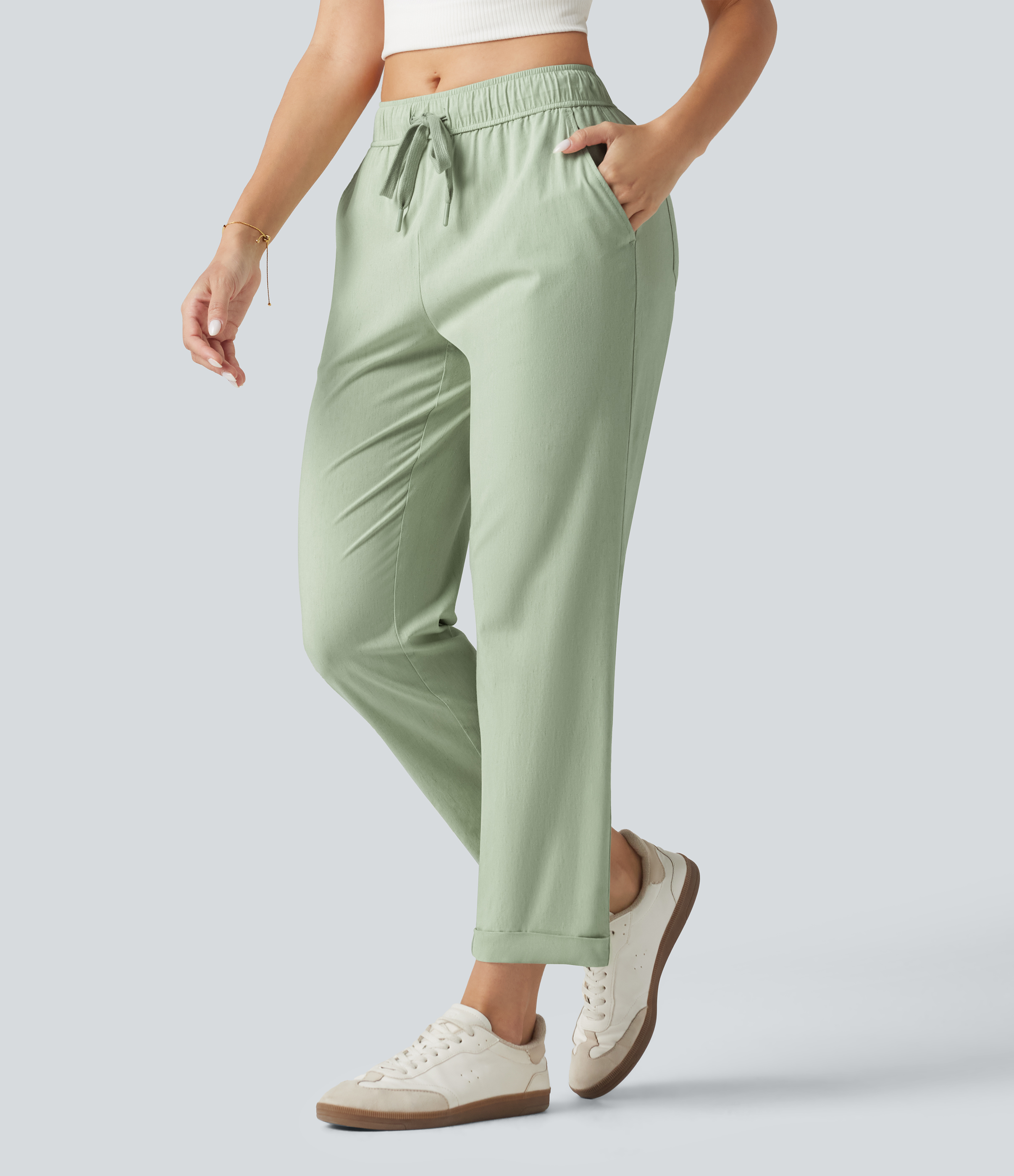 Mid Rise Drawstring Casual Stretch Linen Slim Pants with Pockets