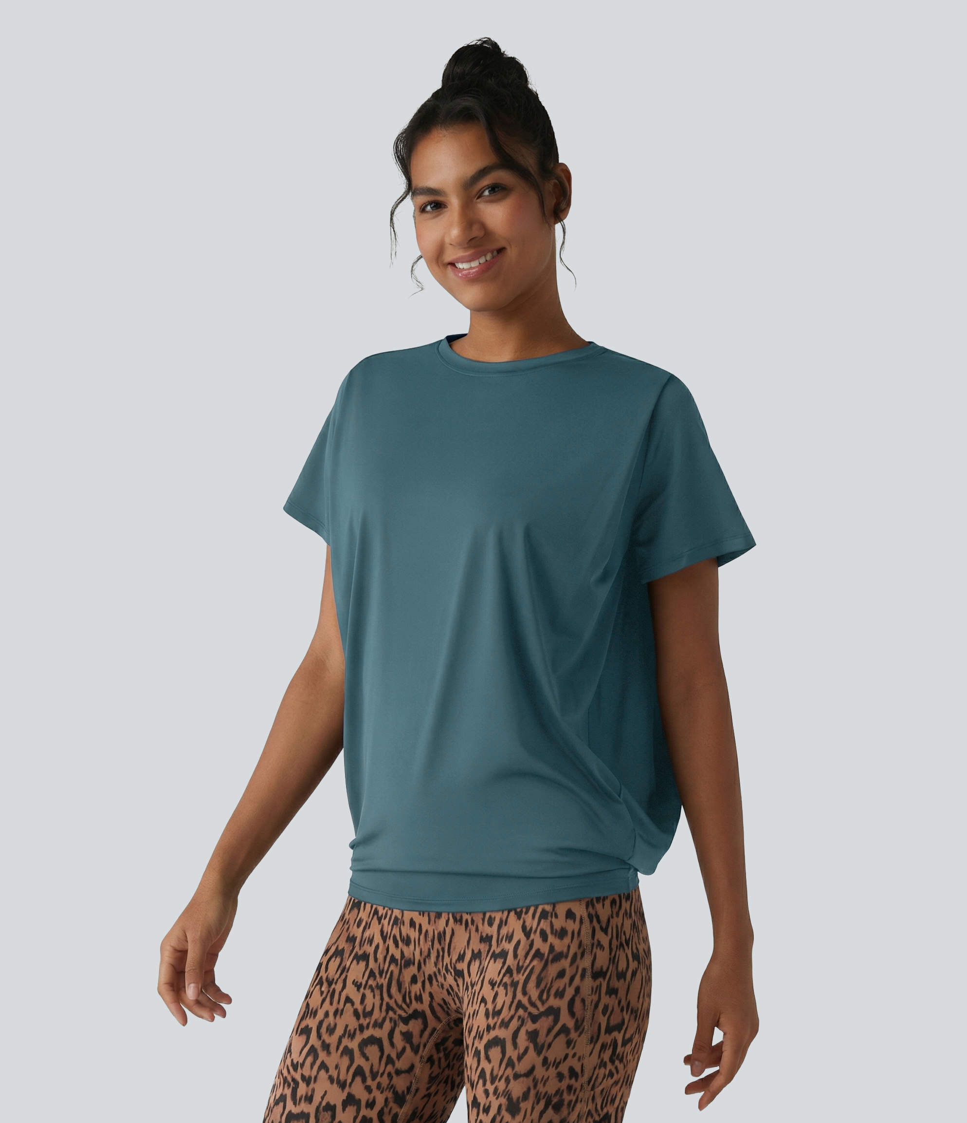 Round Neck Short Sleeve Ruched Cool Touch Yoga Sports Top-UPF50+