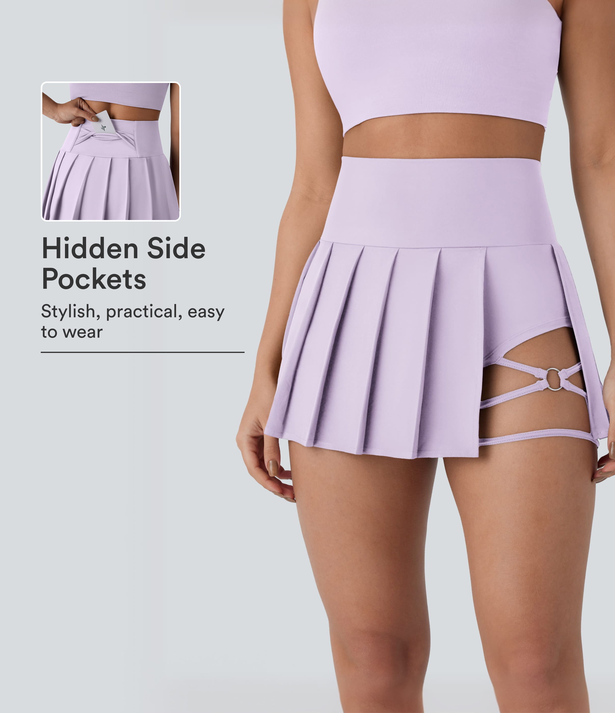 Breezeful™ High Waisted Pleated 2-in-1 Side & Pocket Asymmetric Hem Quick Dry Mini Dance Skirt