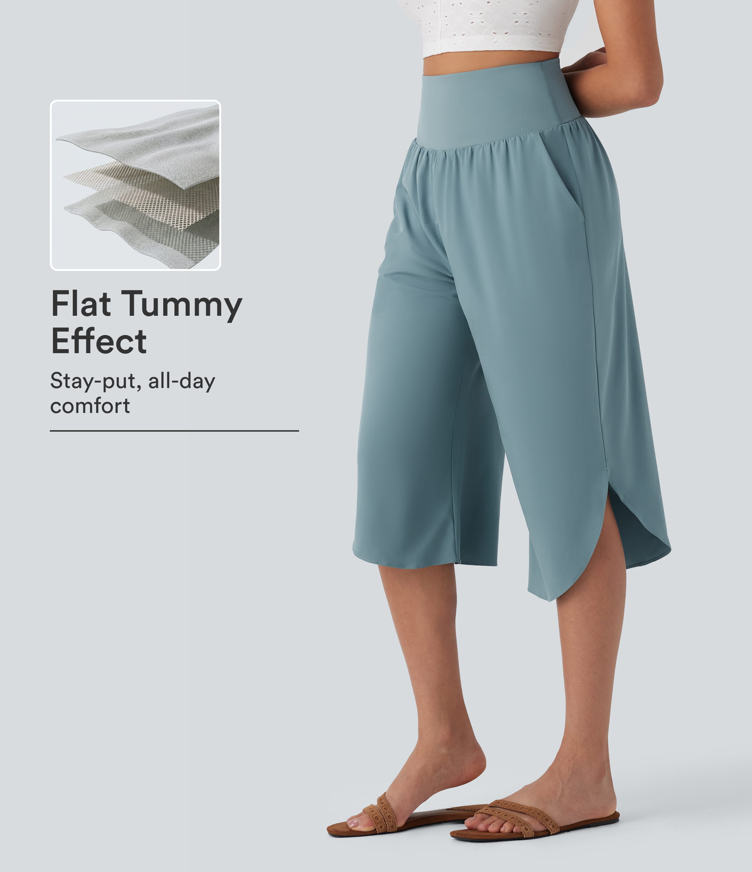 Breezeful™ High Waisted Tummy Control Hem Quick Dry Capri Pants with Pockets