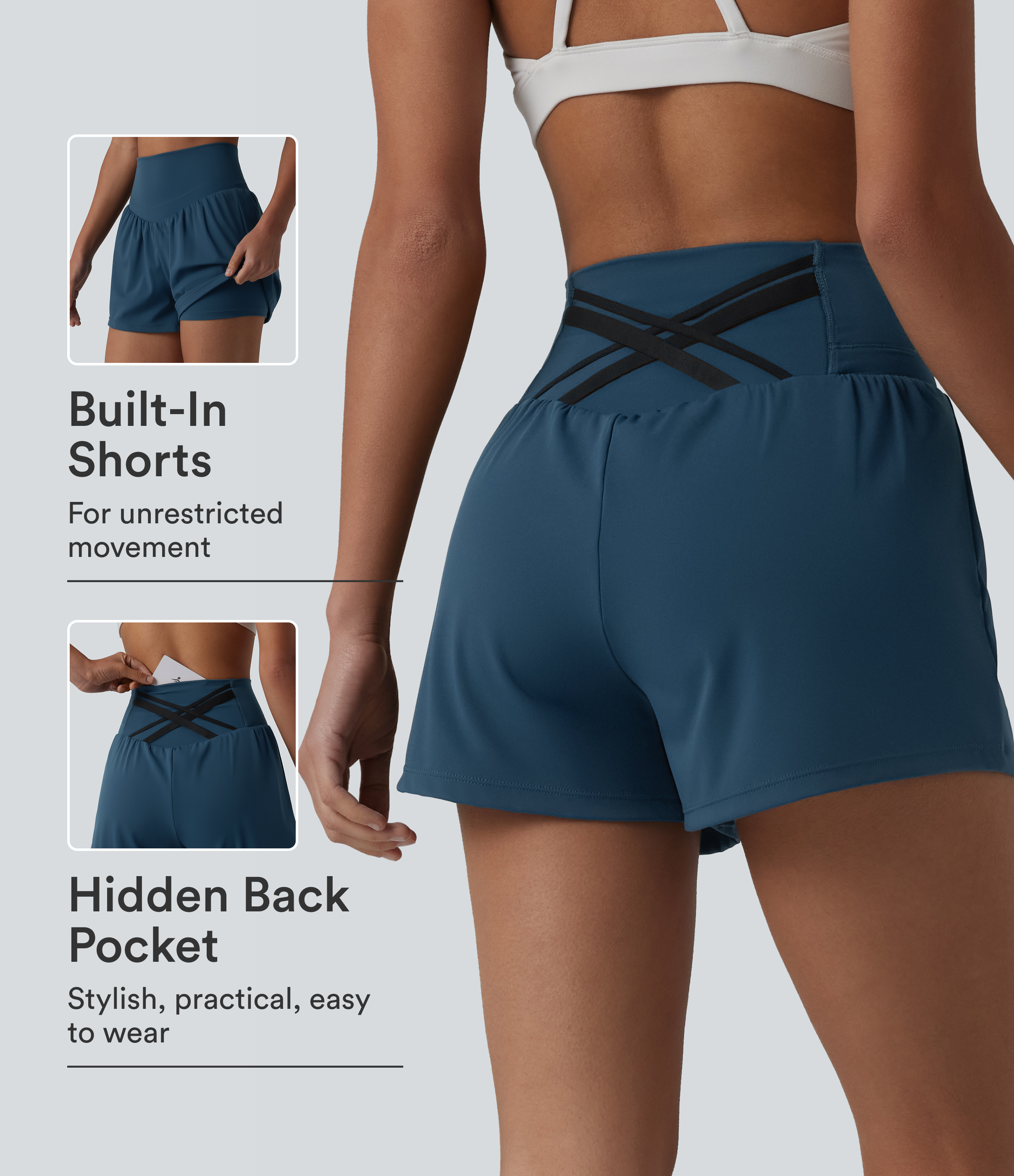 SoftlyZero™ Airy High Waisted Crossover Back 2-in-1 Cool Touch Yoga Shorts with Pocket