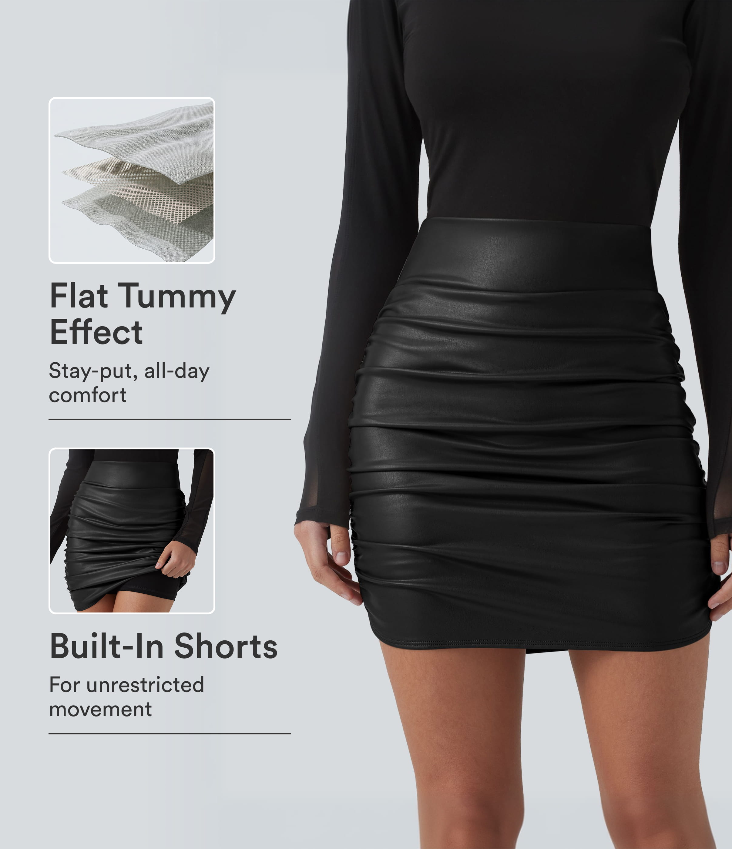 High Waisted Tummy Control Ruched Curved Hem 2-in-1 Fleece PU Mini Bodycon Party Skirt-Longer Length