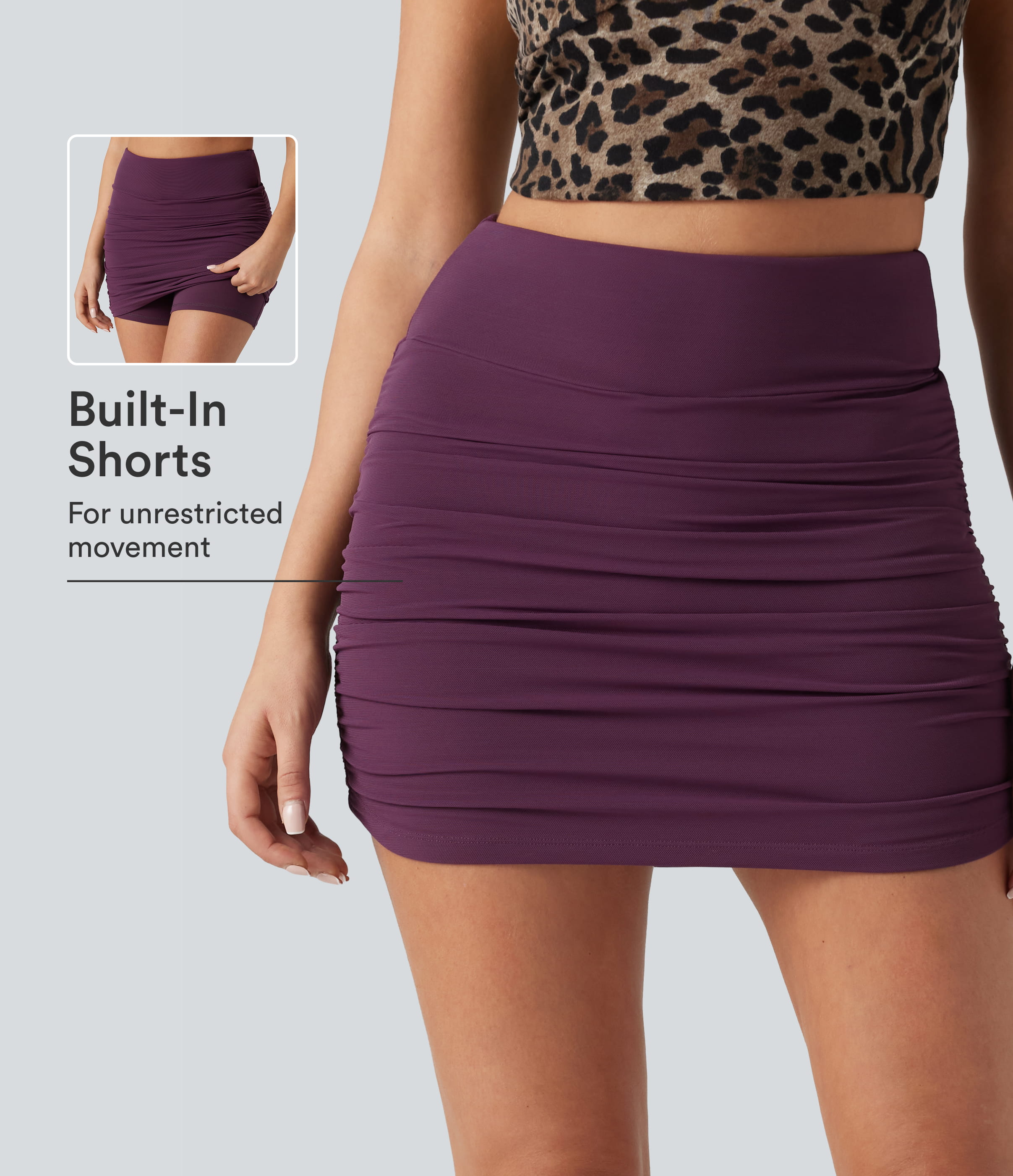 High Waisted Mesh Overlay Ruched Curved Hem 2-in-1 Mini Bodycon Party Skirt