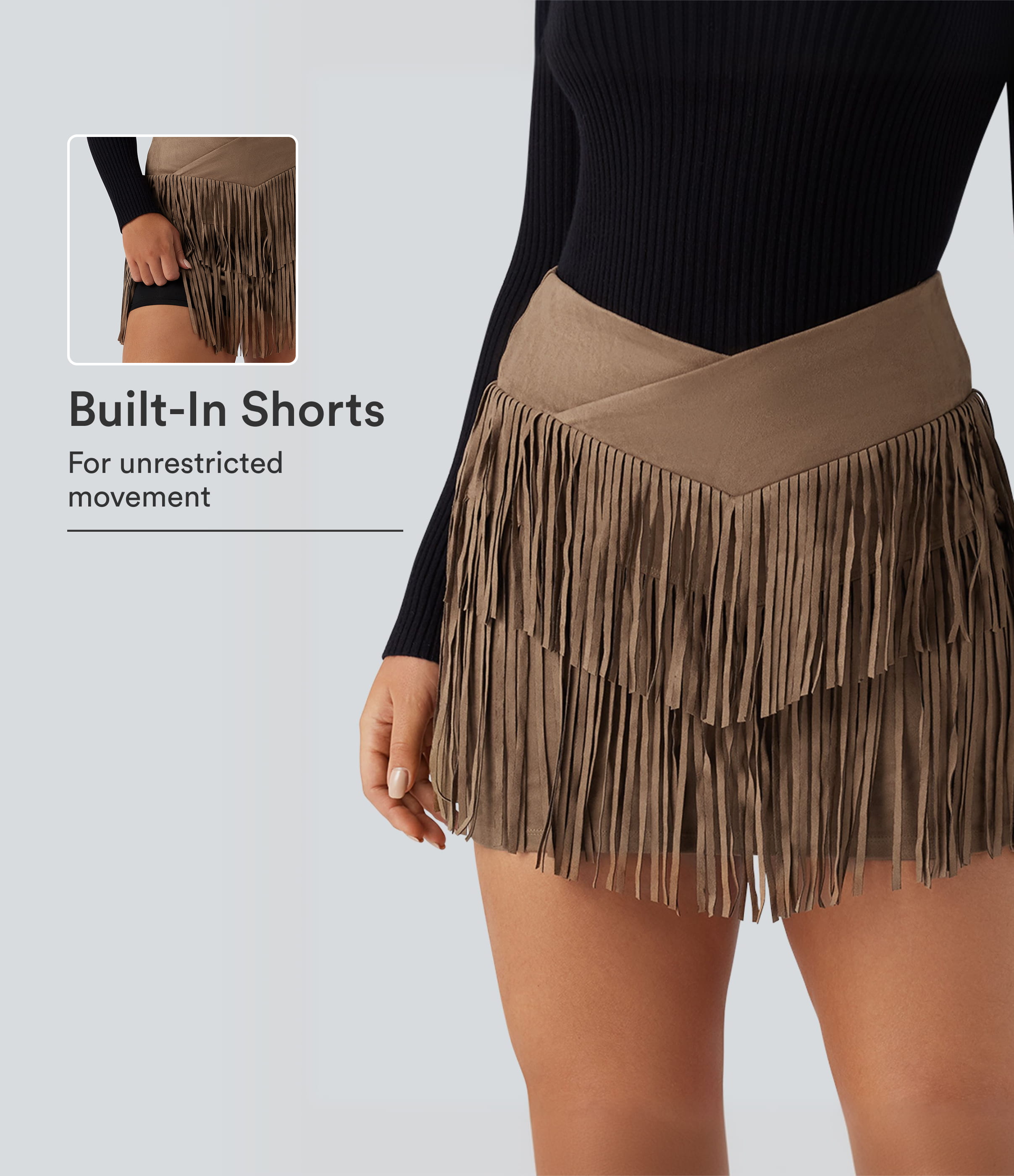 Crossover High Waisted 2-in-1 Fringe Hem Bodycon Mini Suede Party Skirt