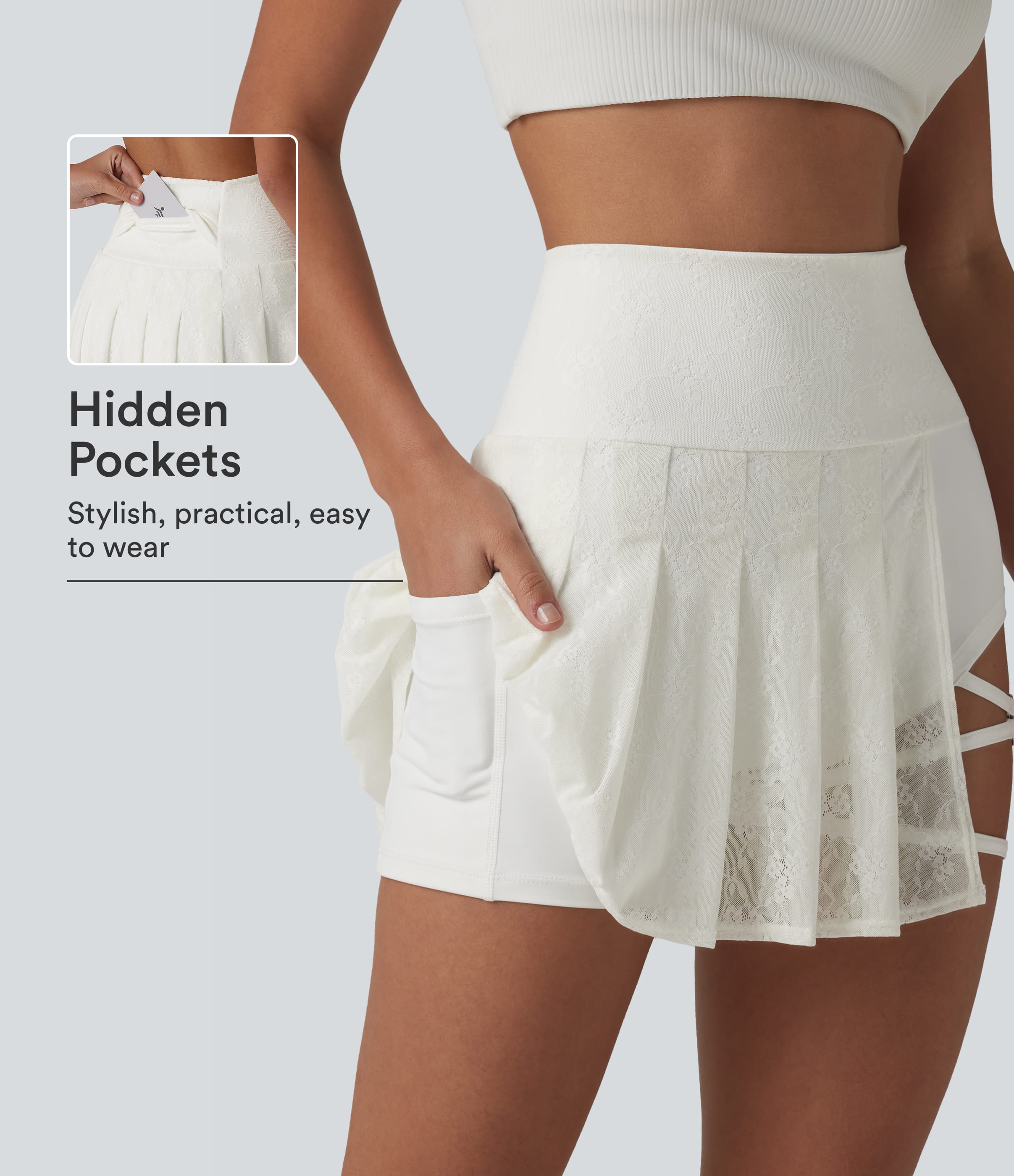 High Waisted Contrast Lace Pleated 2-in-1 Asymmetric Hem Mini Dance Skirt with Pockets