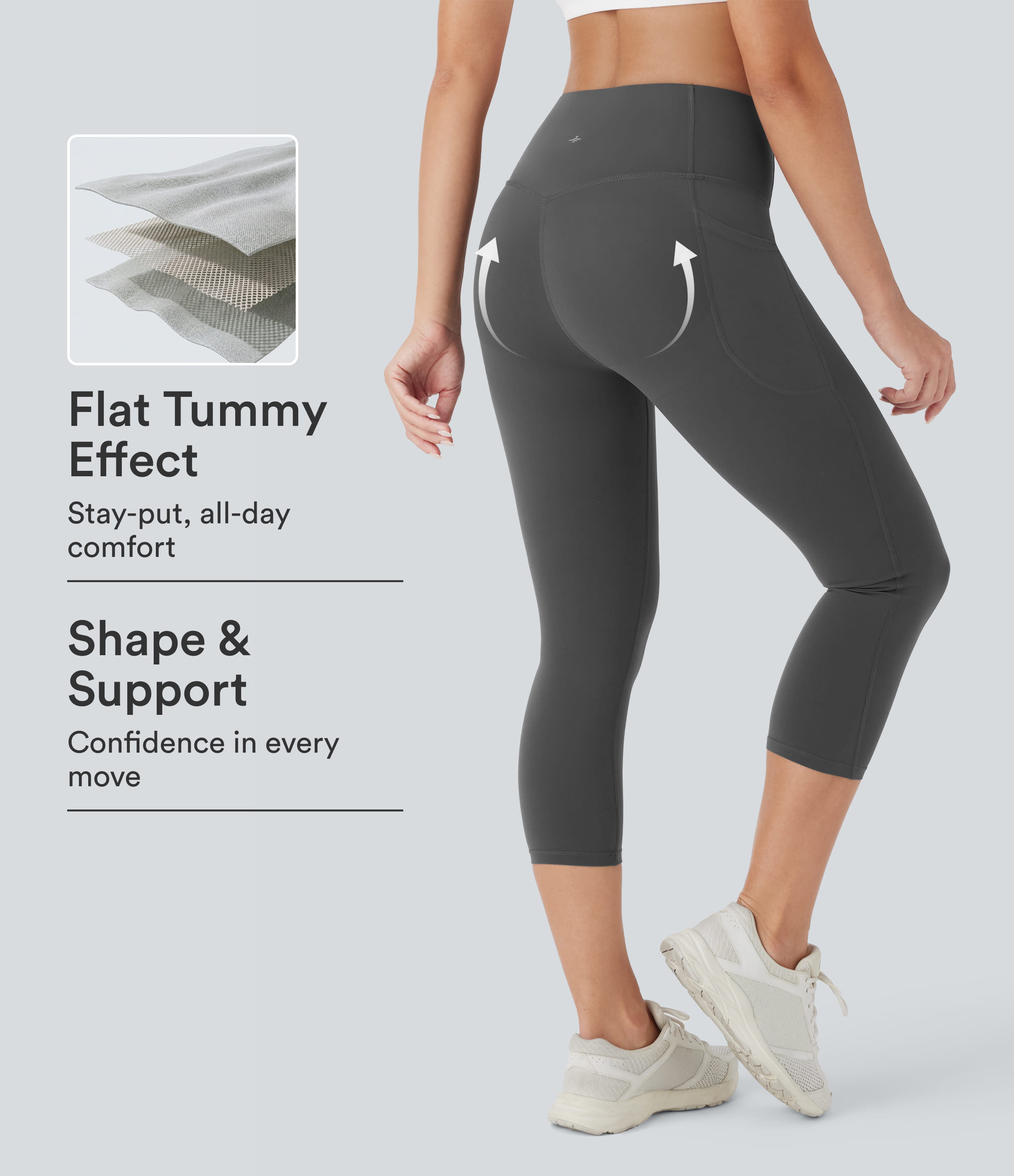 Legging Capri gainant taille haute Halara UltraSculpt™ effet push-up et ventre plat, avec poches.