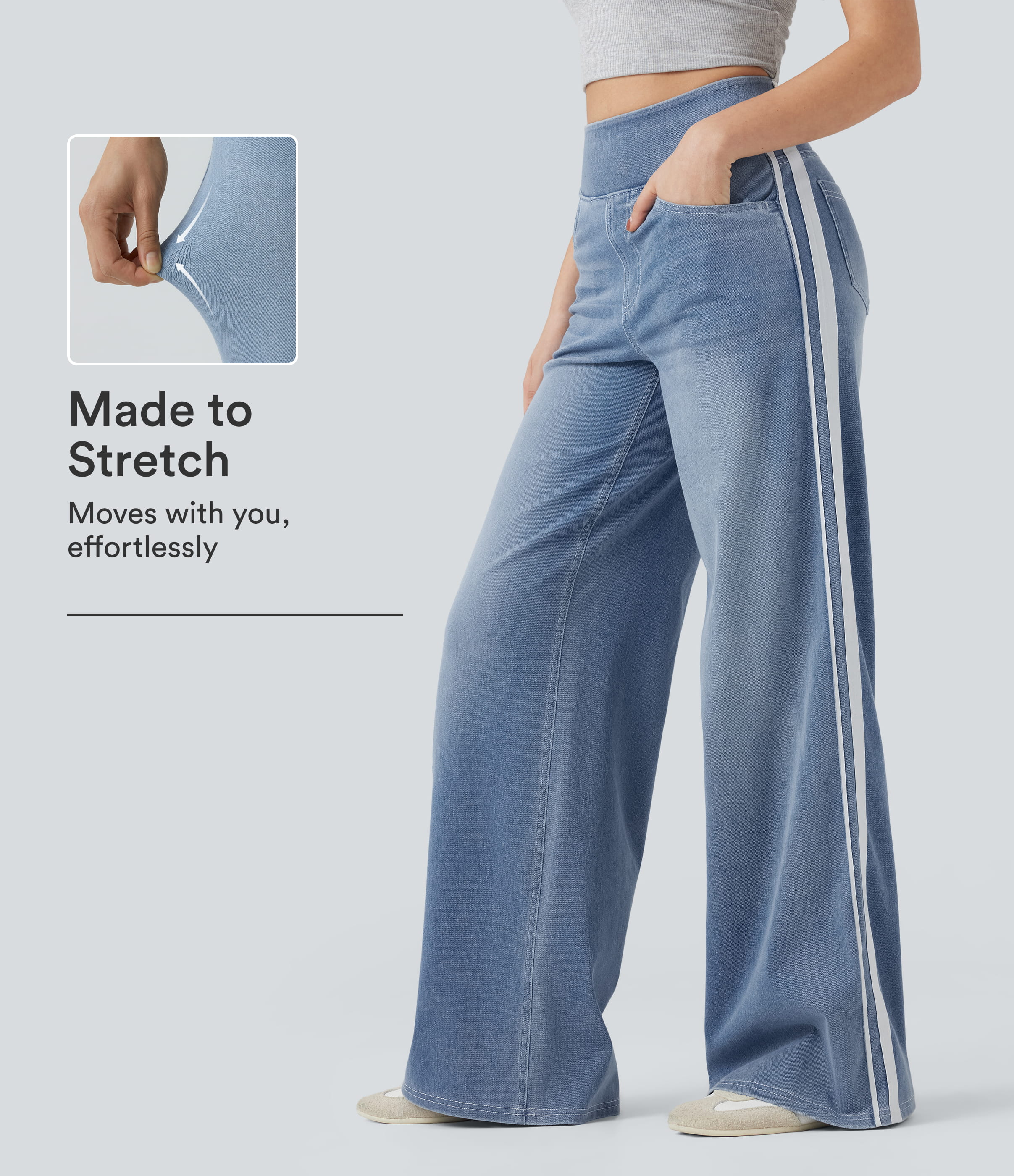 Halara Flex™ High Waisted Stripe Wide Leg Flowy Washed Casual Jeans with Pockets