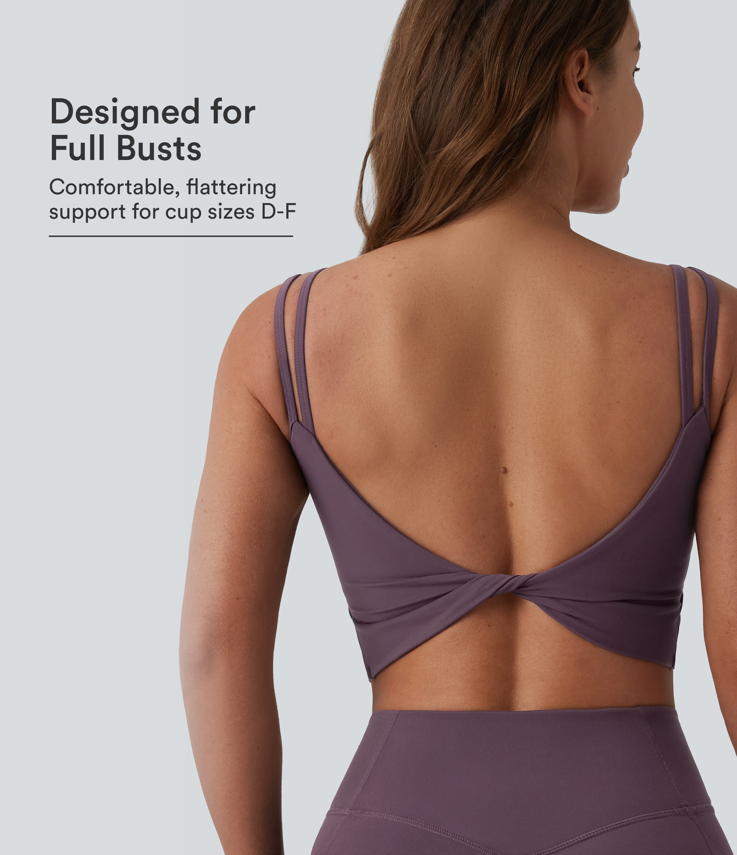 Halara UltraSculpt™ kurzes Yoga-Tanktop mit integriertem BH, doppelten Trägern und gedrehtem, rückenfreiem Rückenausschnitt — für Körbchengrößen D–F