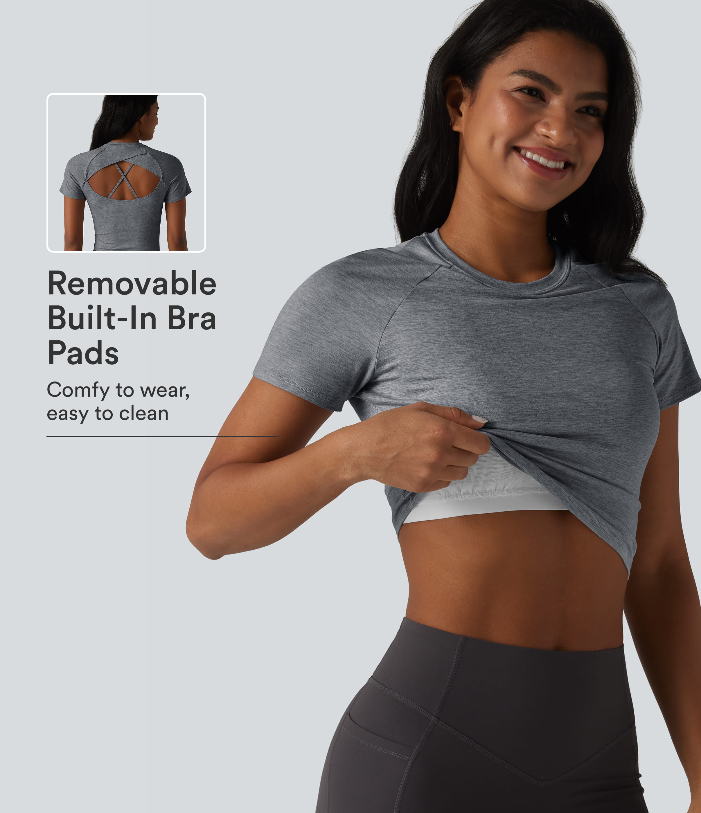 Round Neck Short Sleeve Built-in Bra Yoga Sports Top