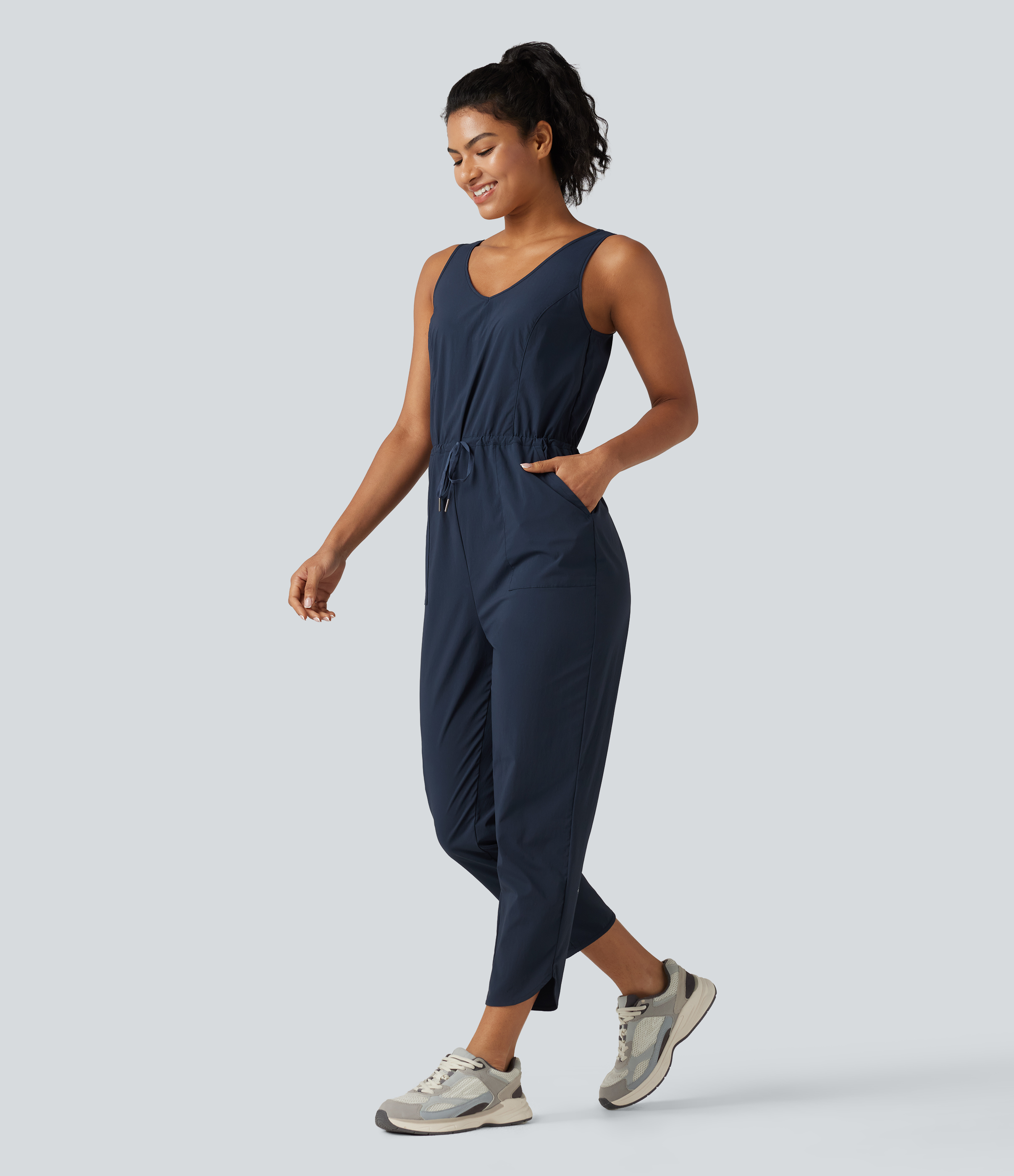 V Neck Drawstring Curved Hem Hiking Jumpsuit with Pockets