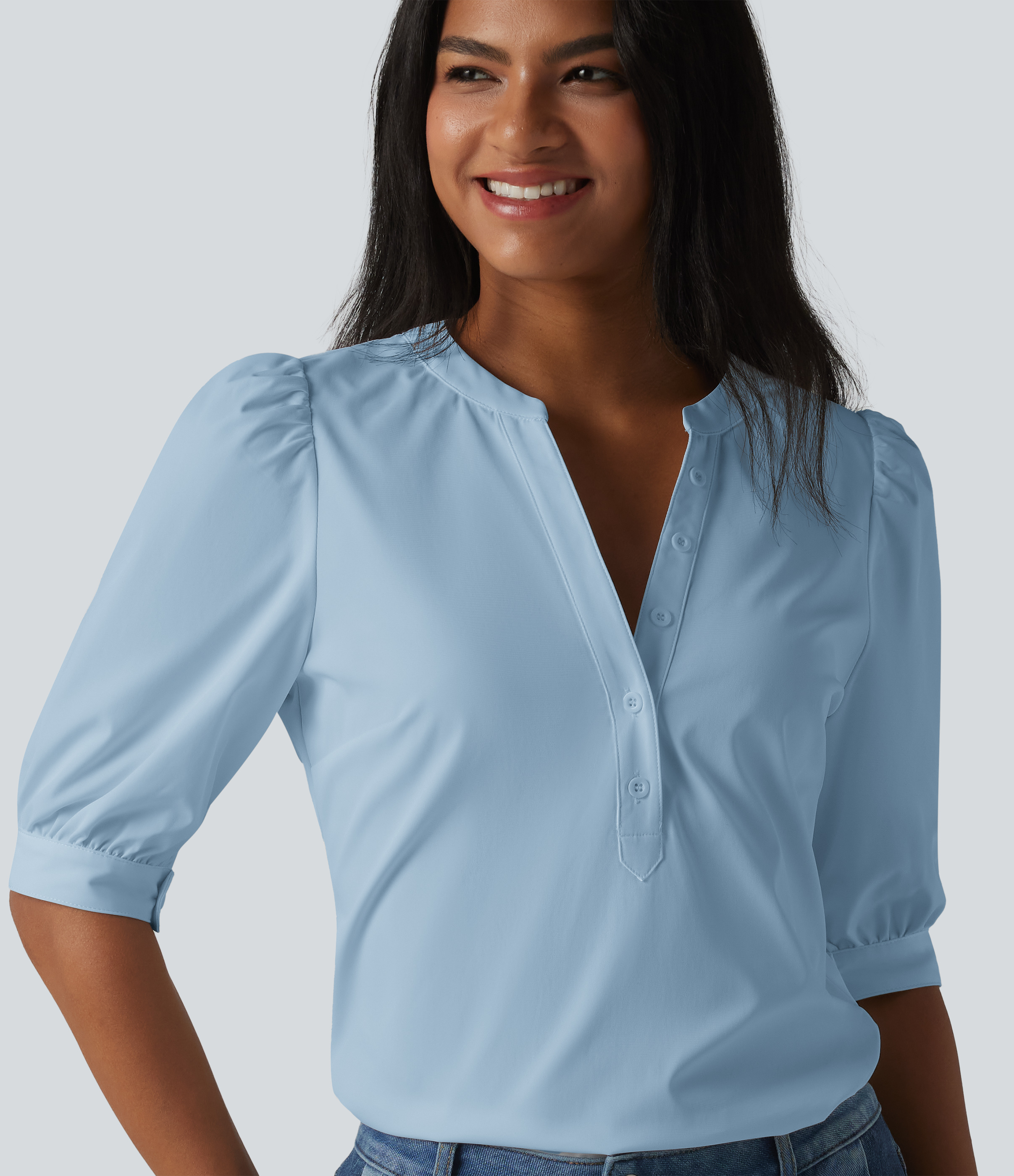 Henley Neck Puff Half Sleeve Casual Blouse