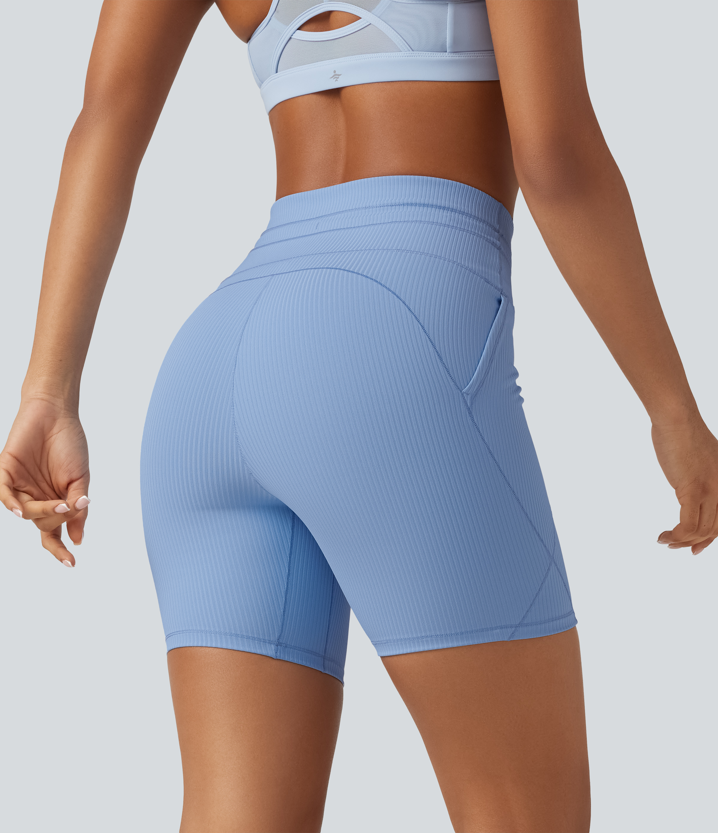 Placid Blue Ribbed Knit High Waisted Drawstring Quick Dry Yoga Biker Shorts 6'' with Pockets-UPF50+ / 2
