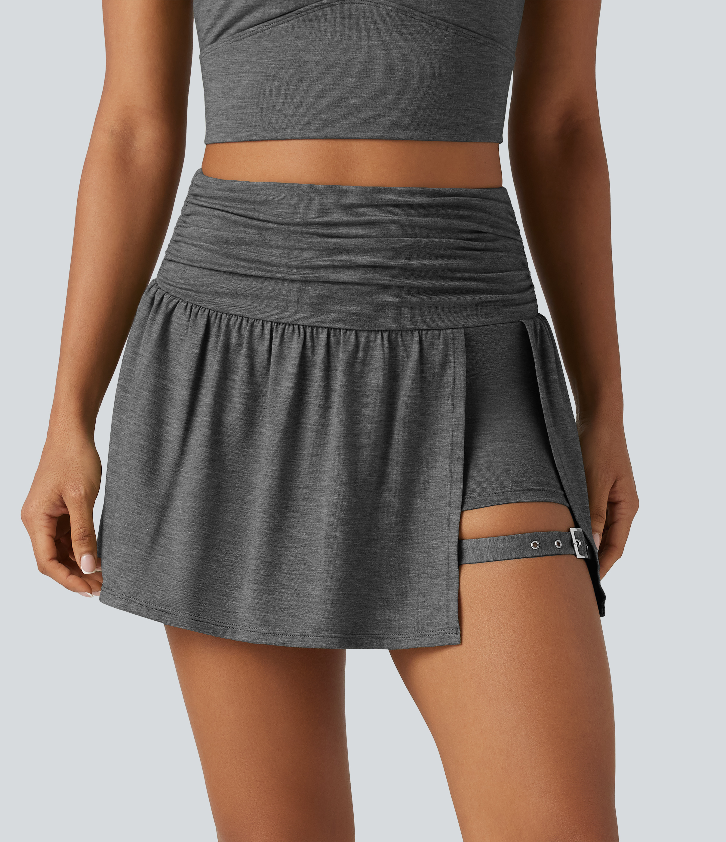 High Waisted Ruched Adjustable Buckle Mini 2-in-1 Workout A-Line Skirt with Pocket