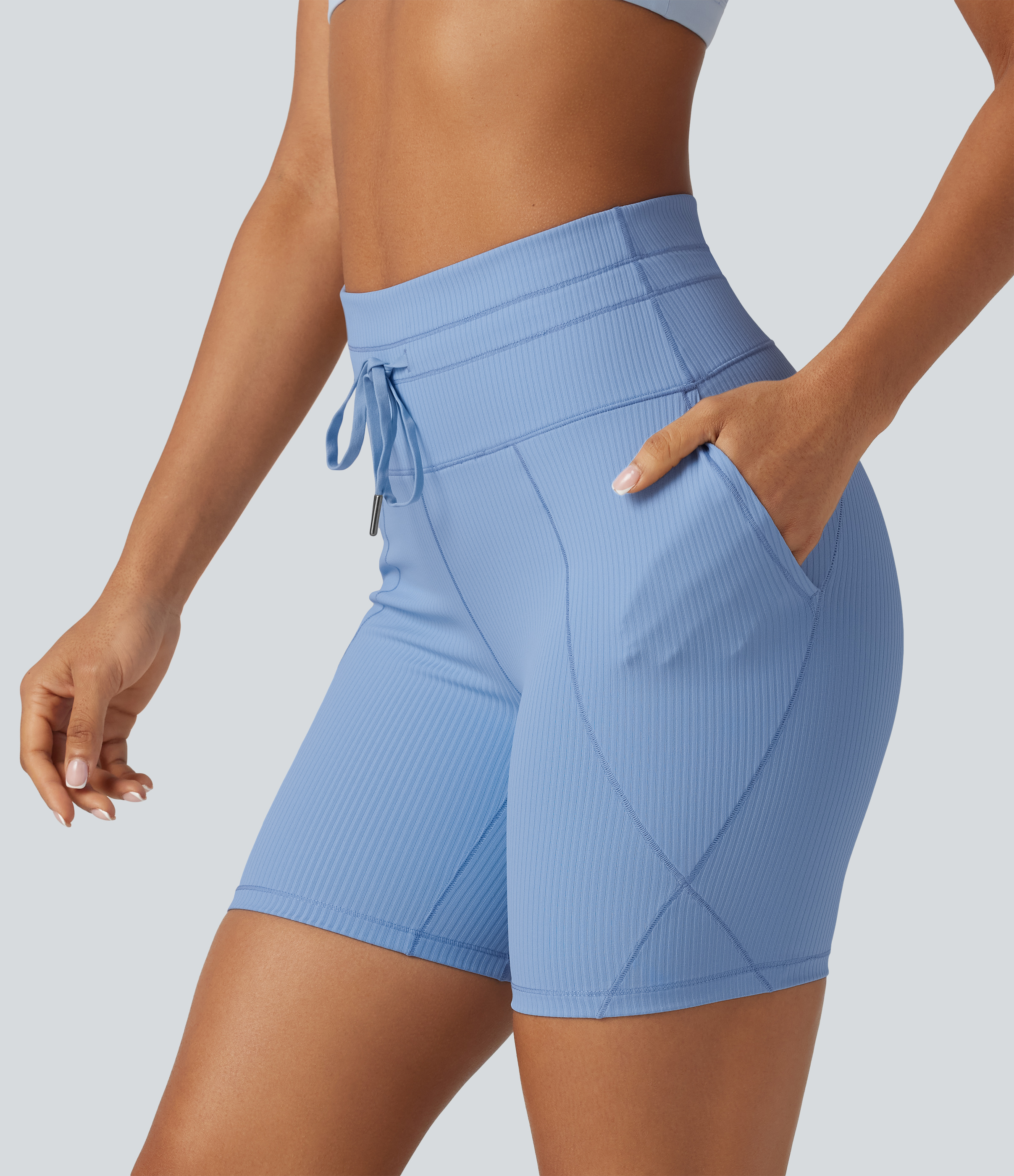 Ribbed Knit High Waisted Drawstring Quick Dry Yoga Biker Shorts 6'' with Pockets-UPF50+