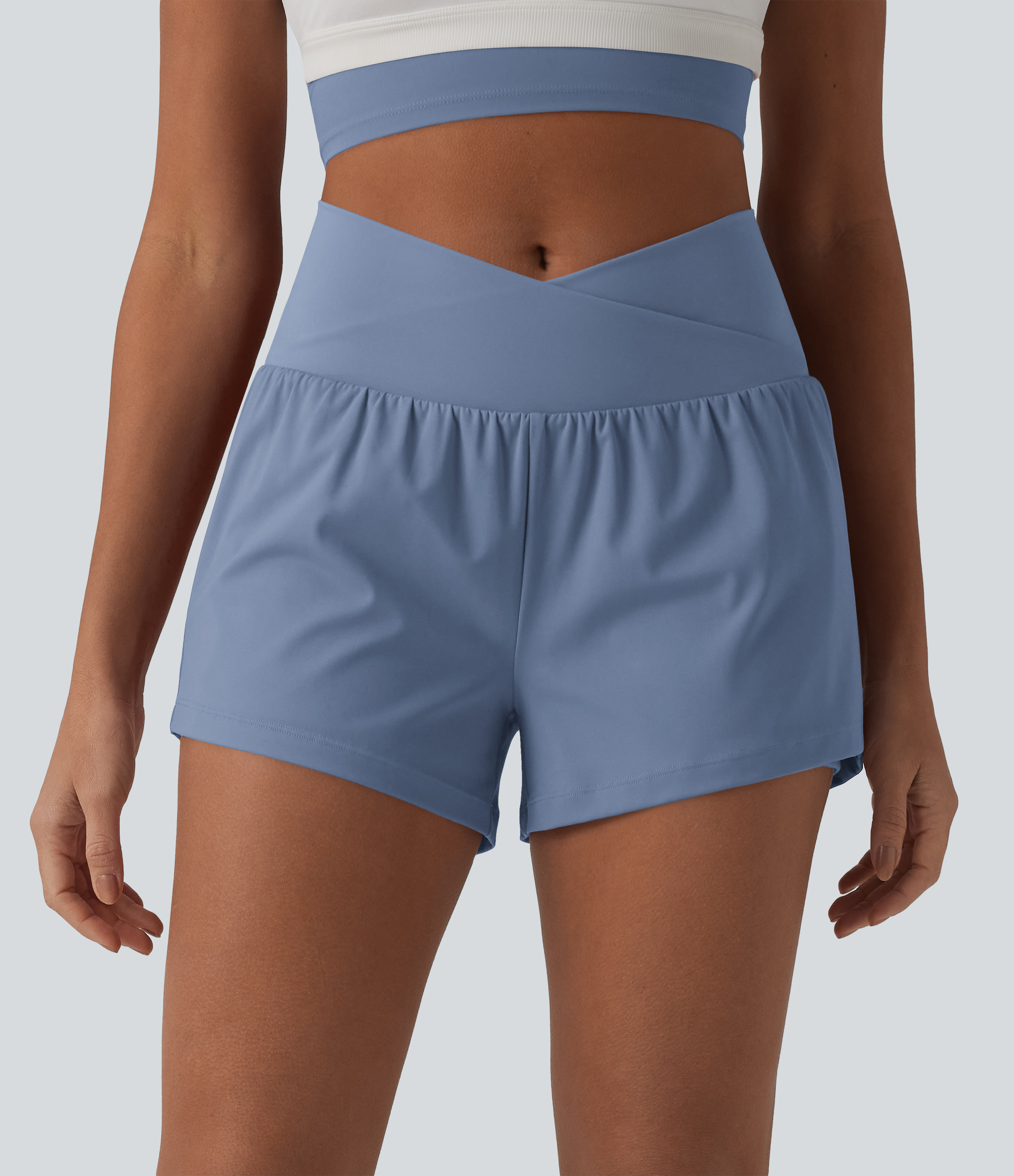 SoftlyZero™ Airy Crossover High Waisted 2-in-1 Cool Touch Yoga Shorts 3'' with Pockets
