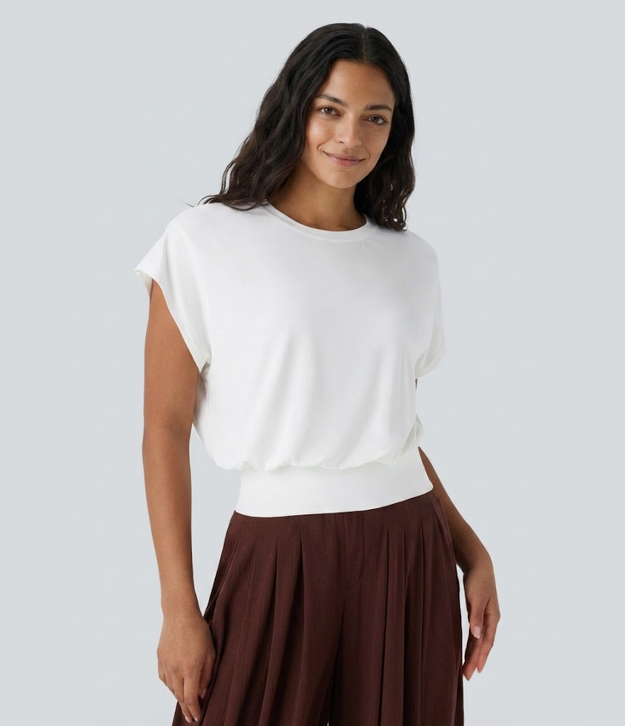 Round Neck Short Batwing Sleeve Work T-Shirt