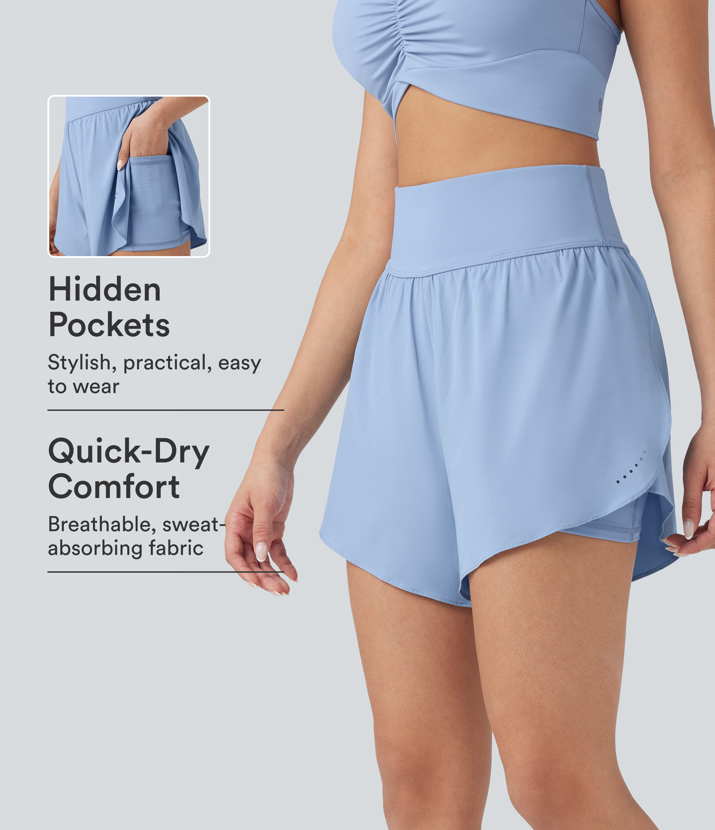 SoftlyZero™ QuickDry High Waisted Tummy Control Reflective Dots Crossover Hem 2-in-1 Running Shorts 5'' with Pockets