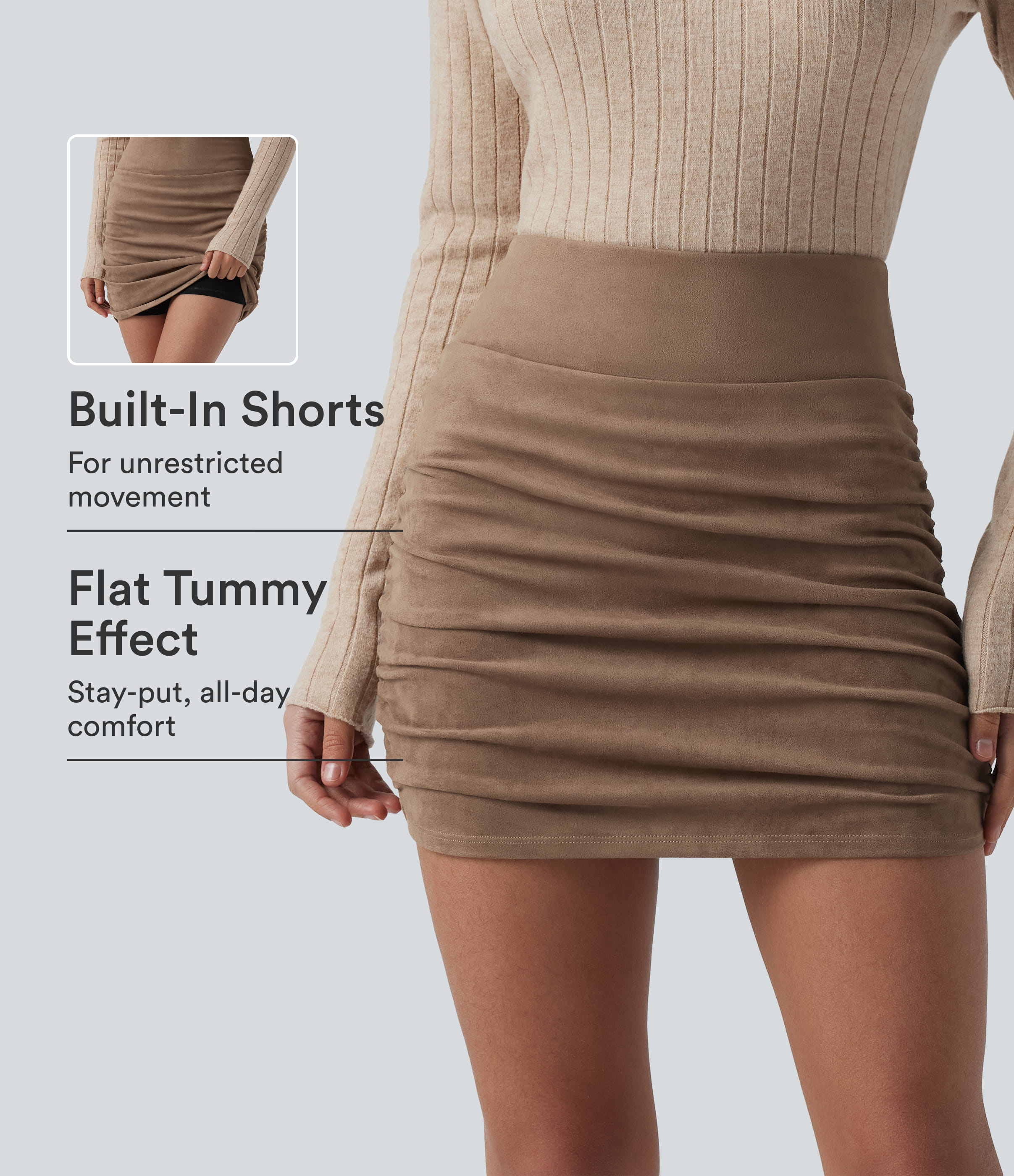 High Waisted Tummy Control Ruched Curved Hem Bodycon 2-in-1 Suede Mini Skirt