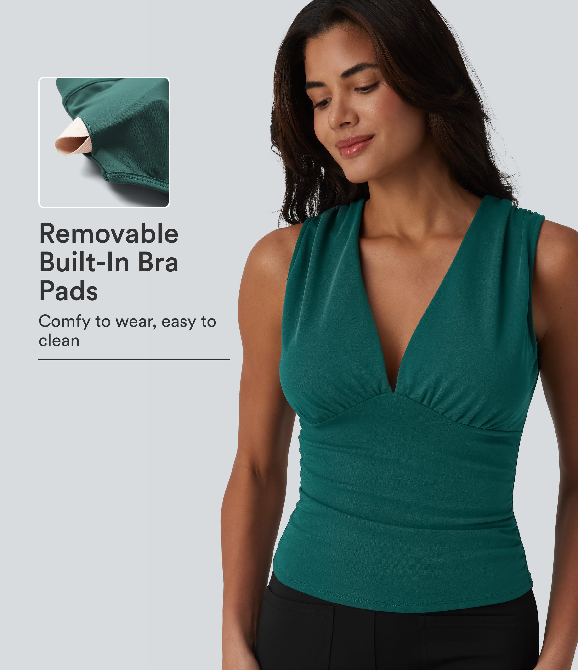 V Neck Ruched Built-in Bra Work Tank Top