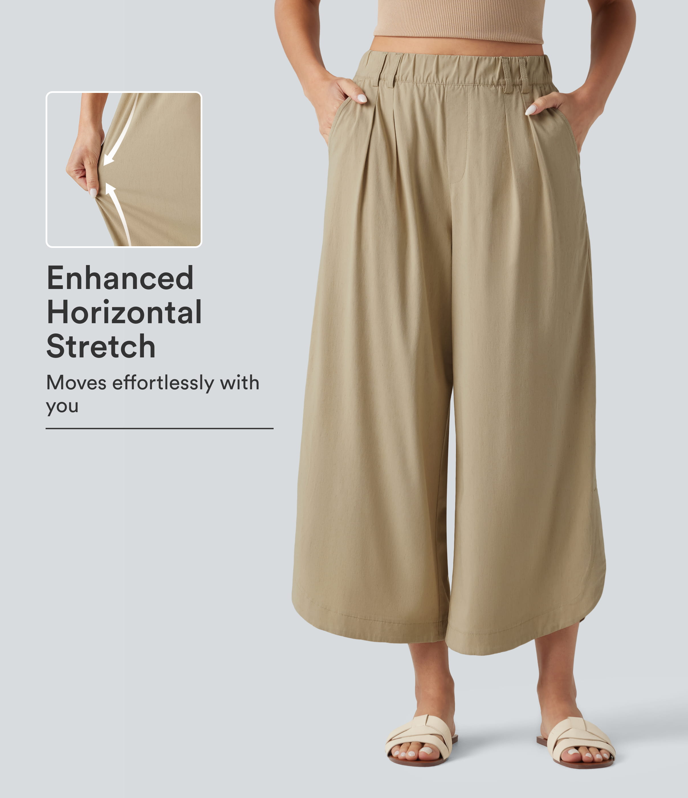 High Waisted Wide Leg Curved Hem Cropped Casual Stretch Linen Pants with Pockets