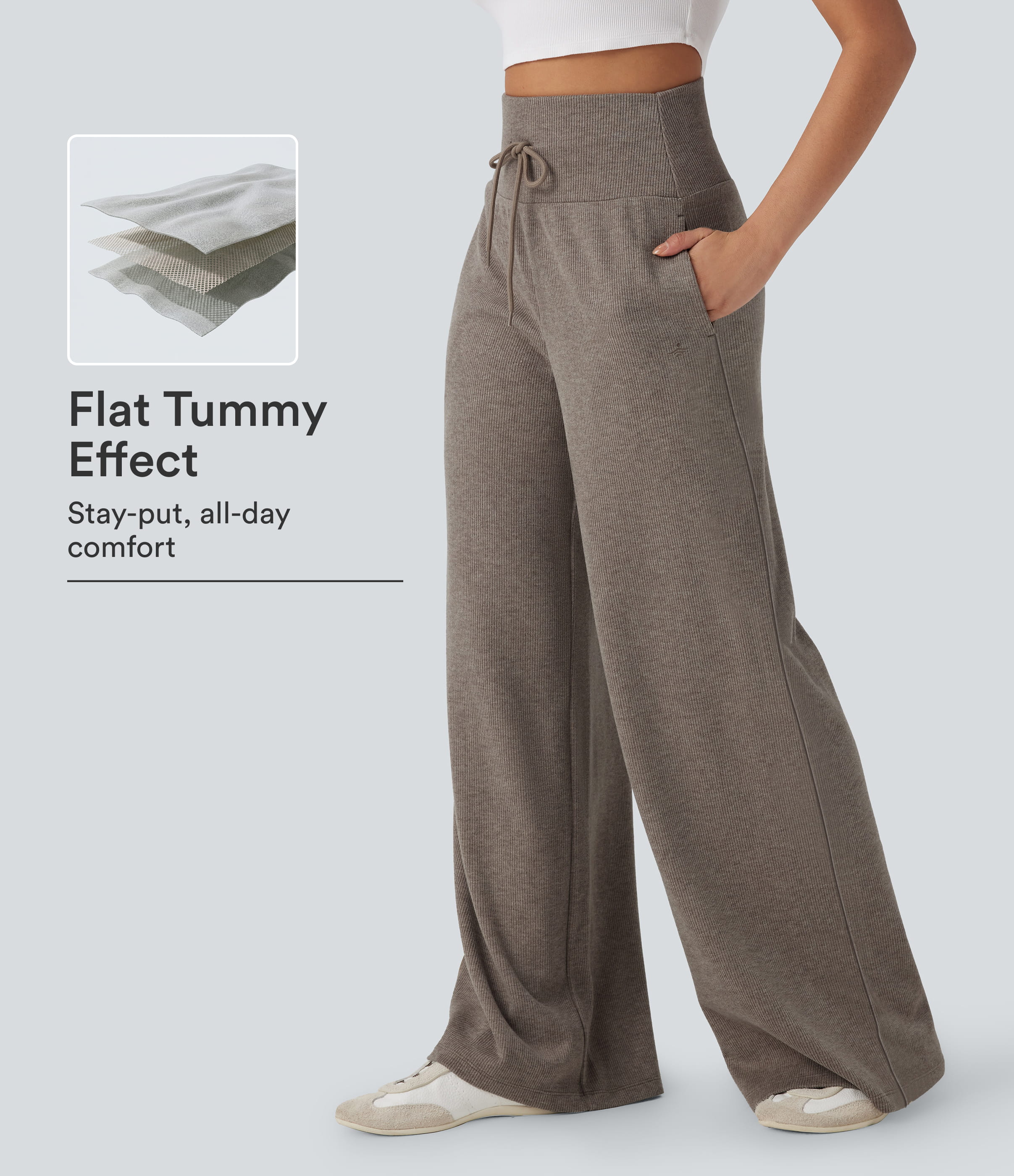 Ribbed Knit High Waisted Tummy Control Drawstring Casual Wide Leg Pants with Pockets