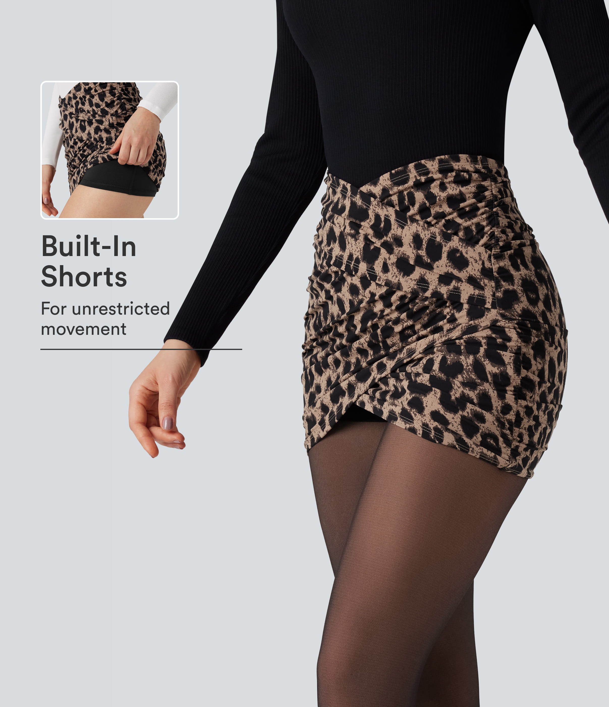 Halara UltraSculpt™ Falda mini bodycon 2‑en‑1 para fiesta, de cintura alta con cruce y estampado de leopardo