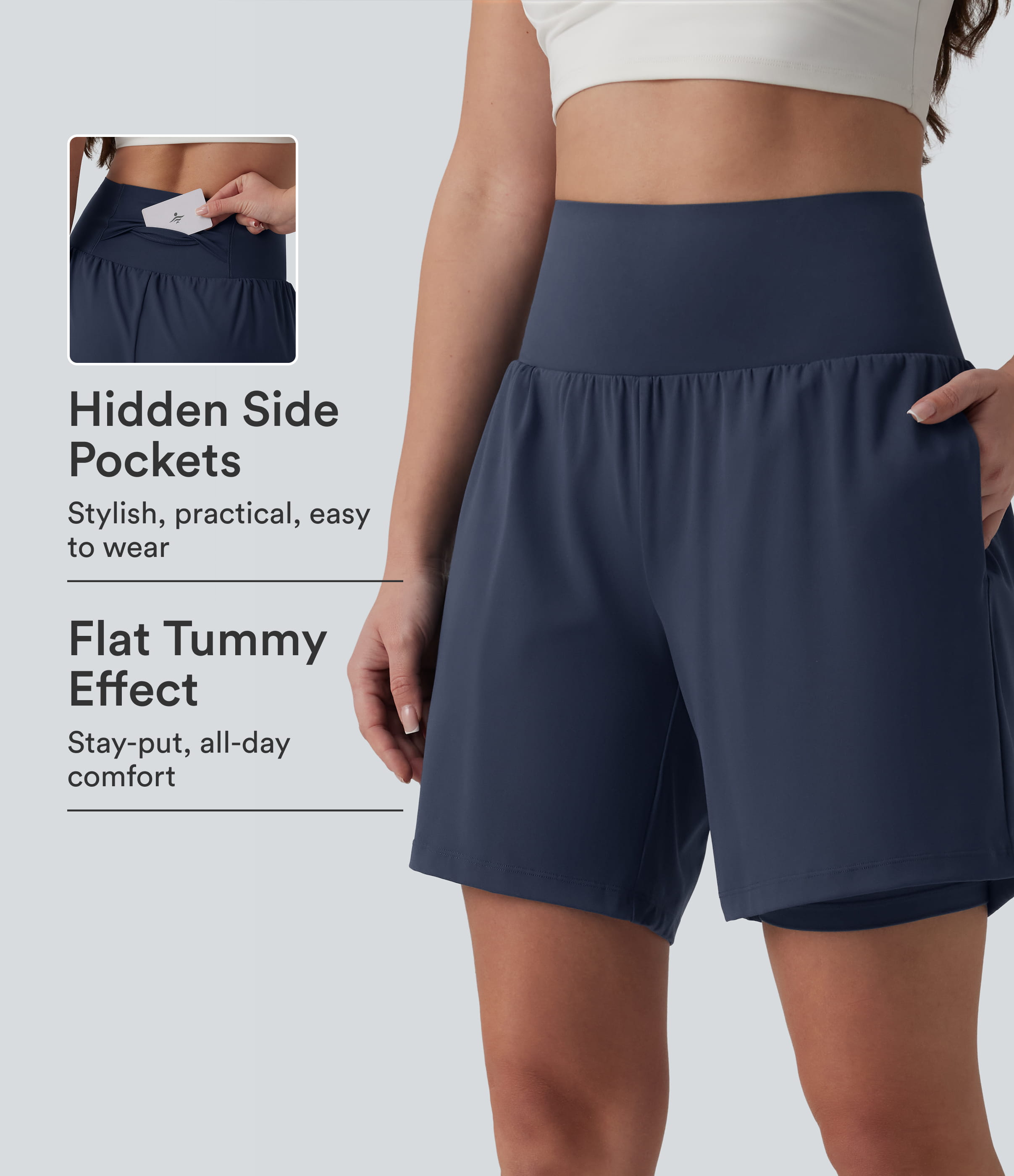 SoftlyZero™ Airy shorts de yoga de talle súper alto con control del abdomen 2 en 1, tacto fresco, 7" con bolsillos