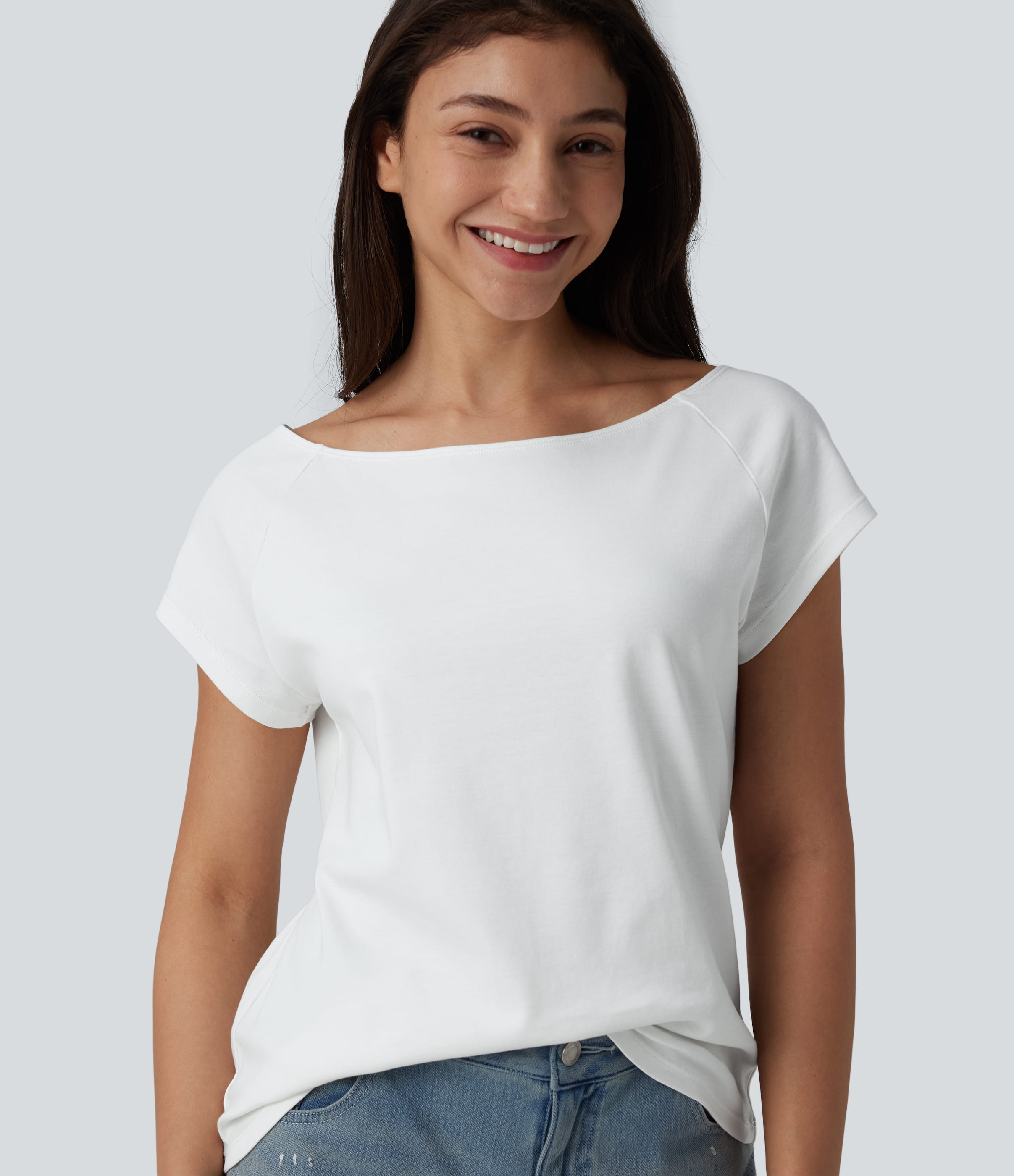 Boat Neck Short Sleeve Casual Pima Cotton T-Shirt