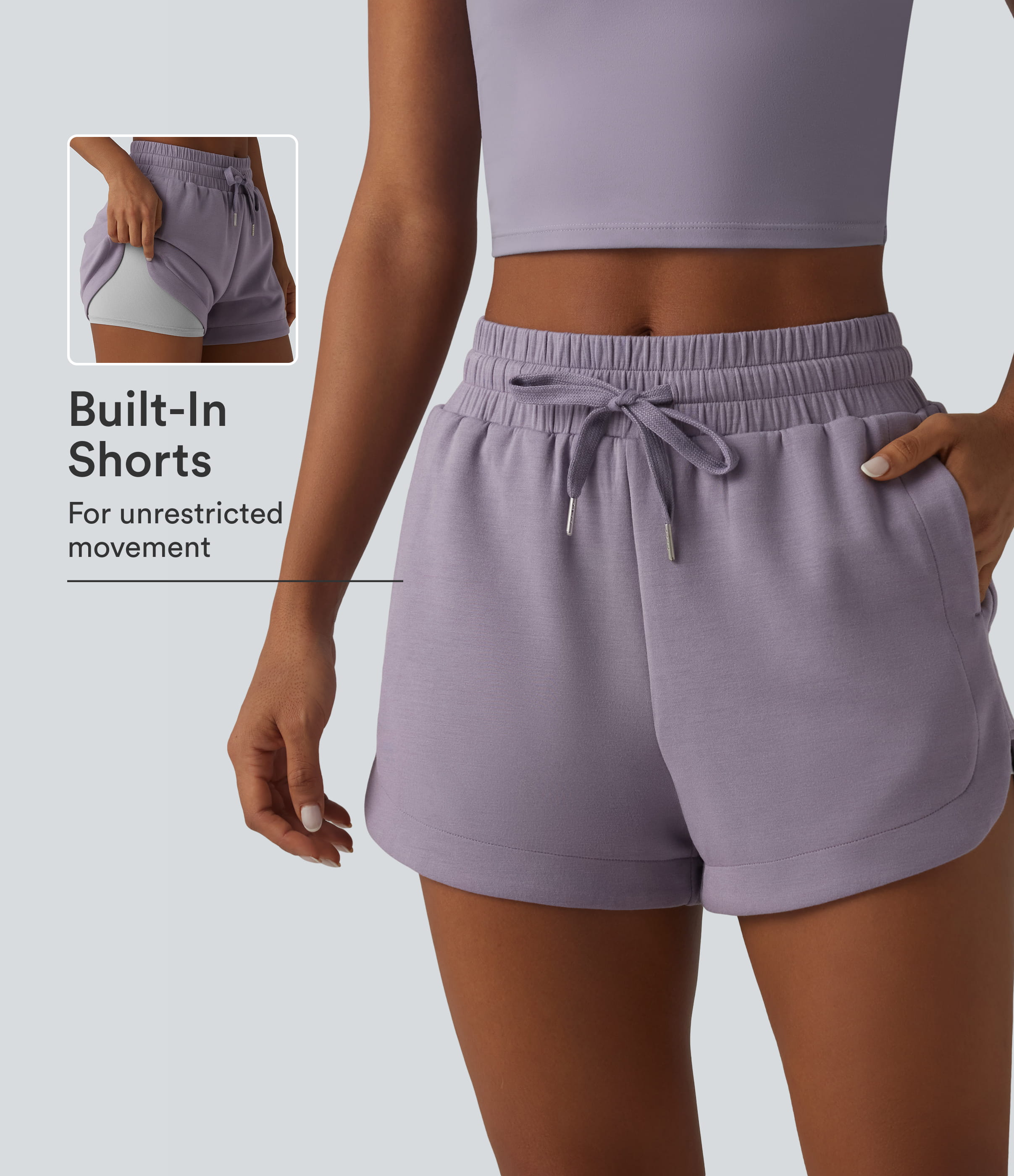 SpacerTek™ Mid Rise Drawstring Curved Hem 2-in-1 Workout Baggy Sweat Shorts with Pockets