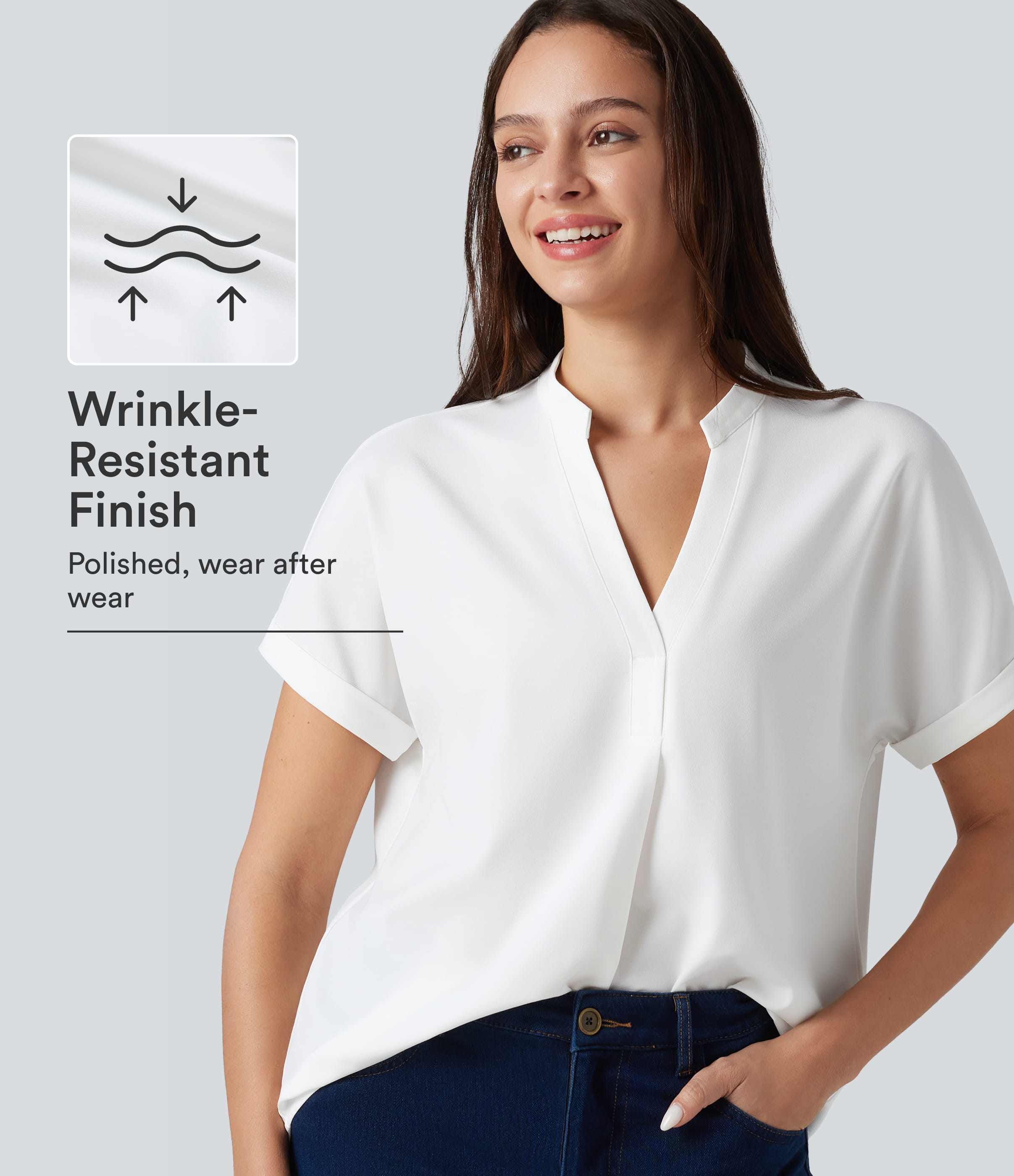 Wrinkle-resistant V-neck Short Sleeve Curved Hem Work Chiffon Blouse