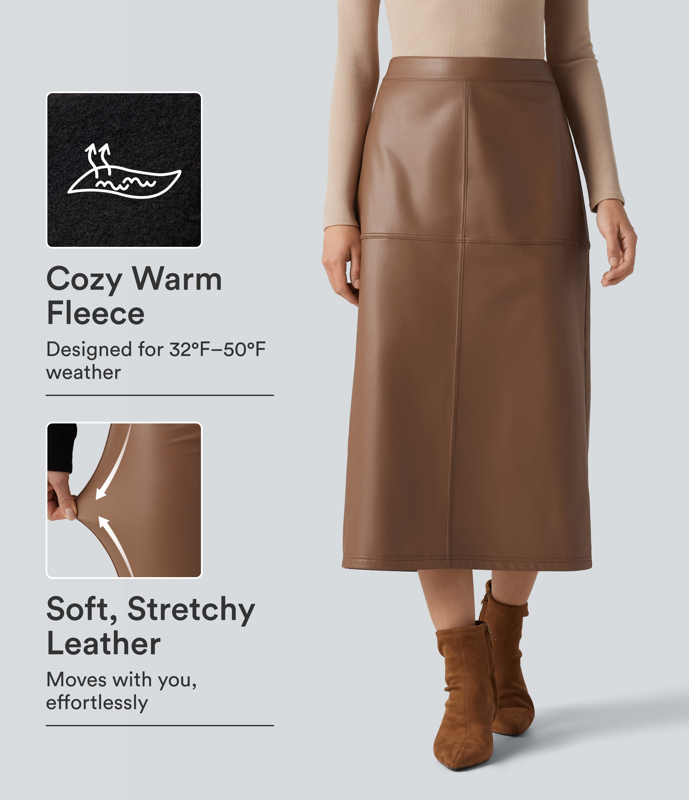 High Waisted Invisible Zipper Split Stretchy PU Fleece Midi Work Pencil Skirt