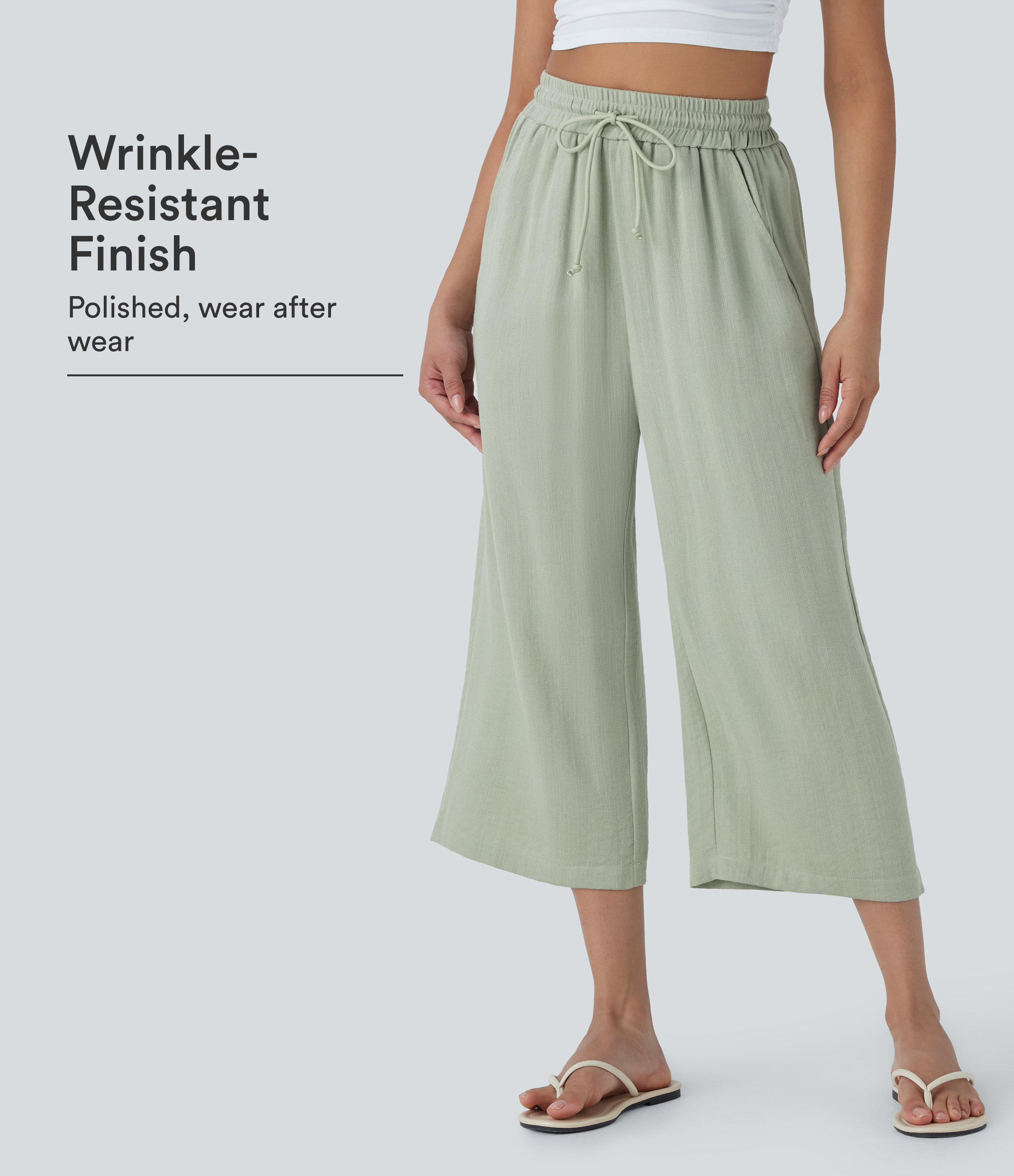 High Waisted Drawstring Wide Leg Cropped Casual Linen-Feel Pants with Pockets