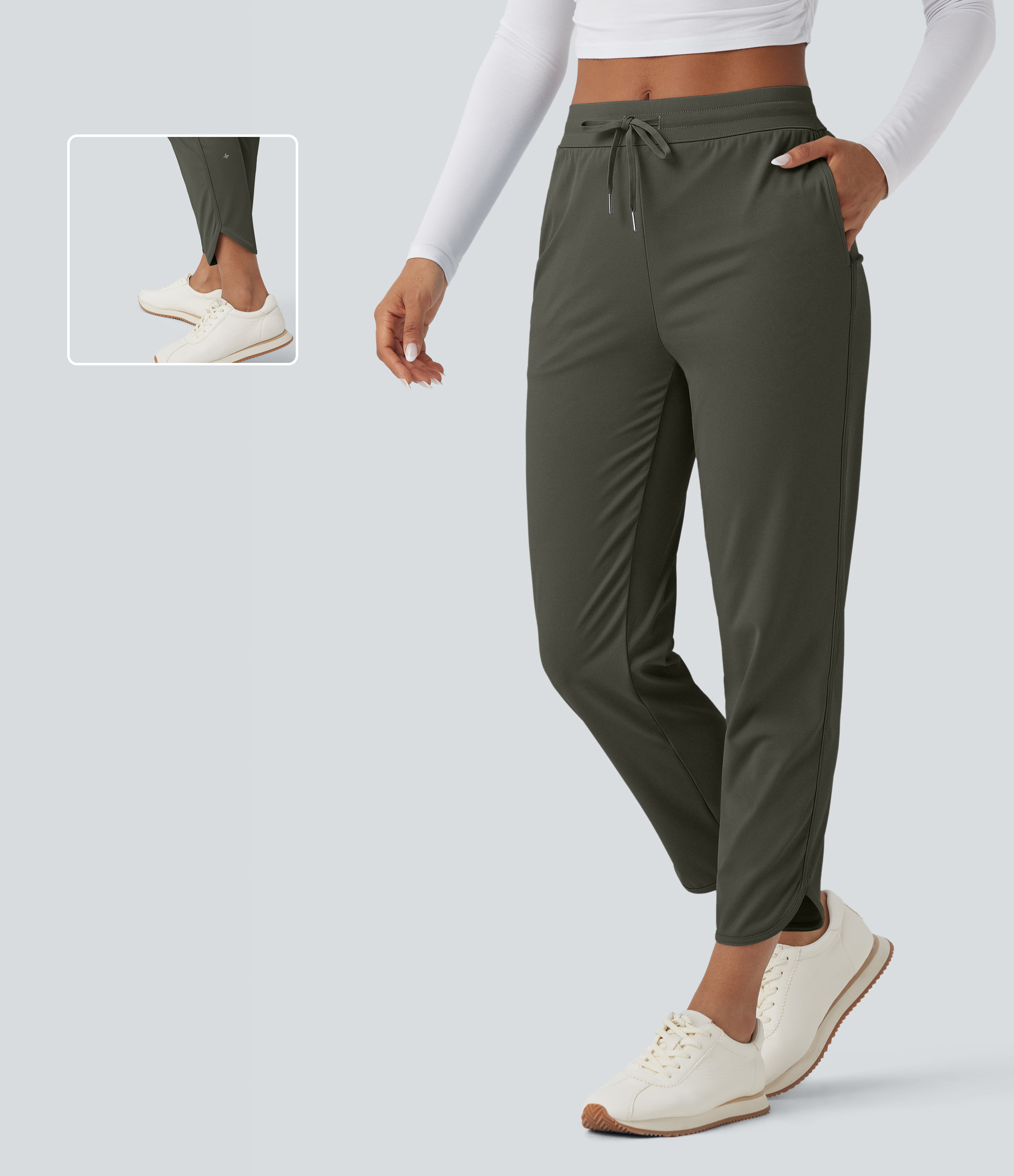 Mid Rise Drawstring Curved Hem Quick Dry Golf Tapered Pants with Pockets-UPF40+