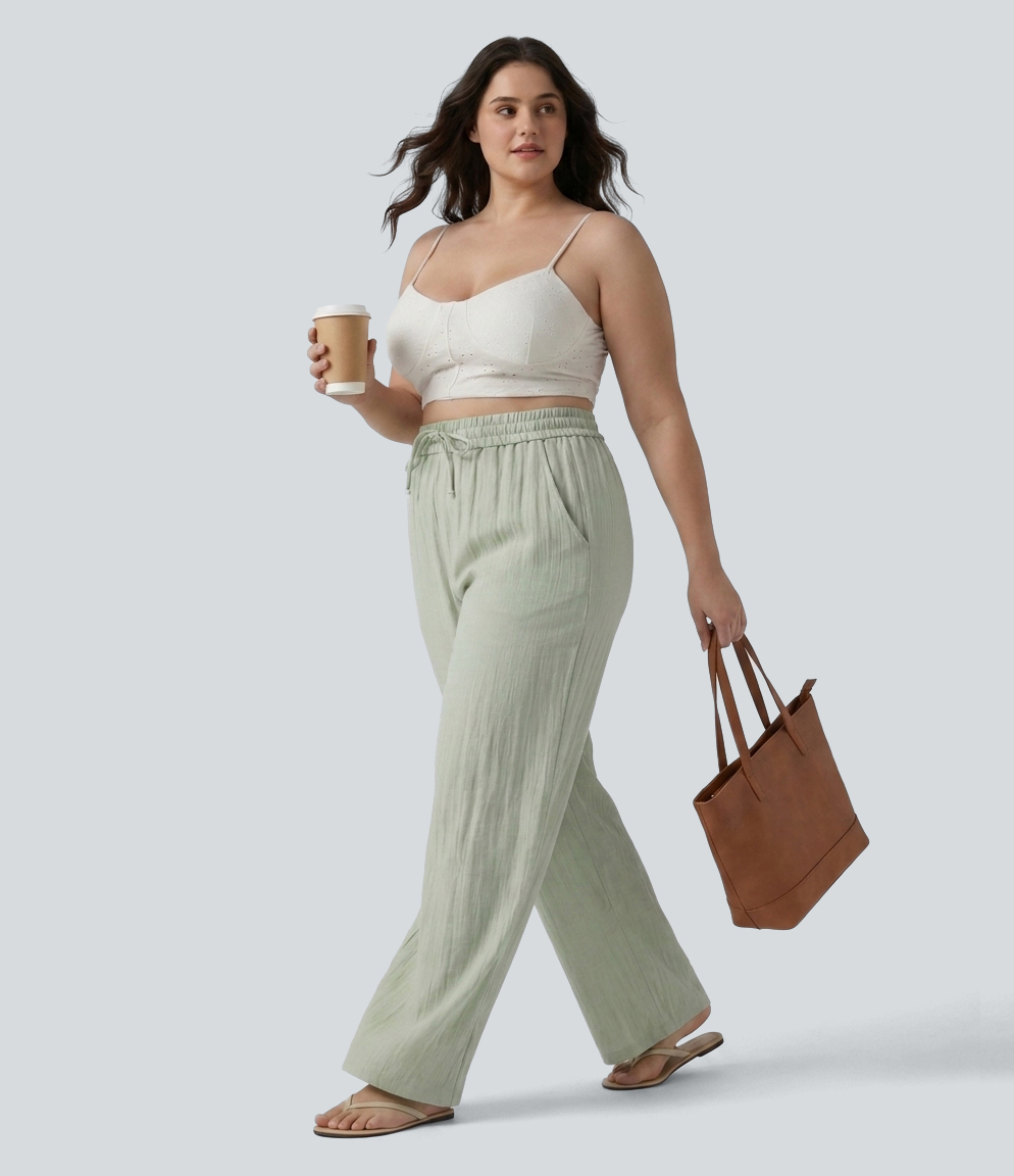 High Waisted Drawstring Linen-Feel Wide Leg Casual Plus Size Pants with Pockets