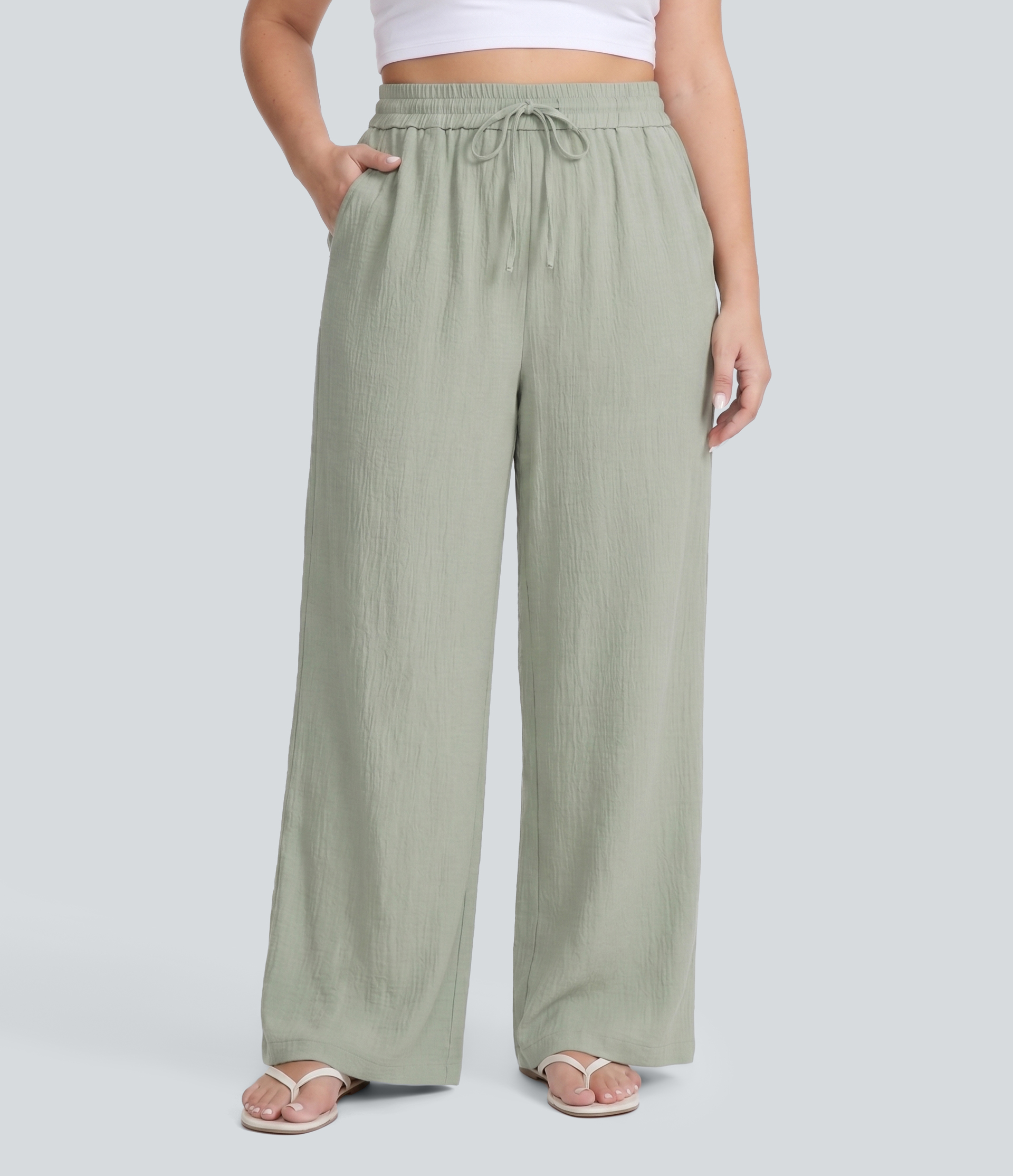 High Waisted Drawstring Linen-Feel Wide Leg Casual Plus Size Pants with Pockets