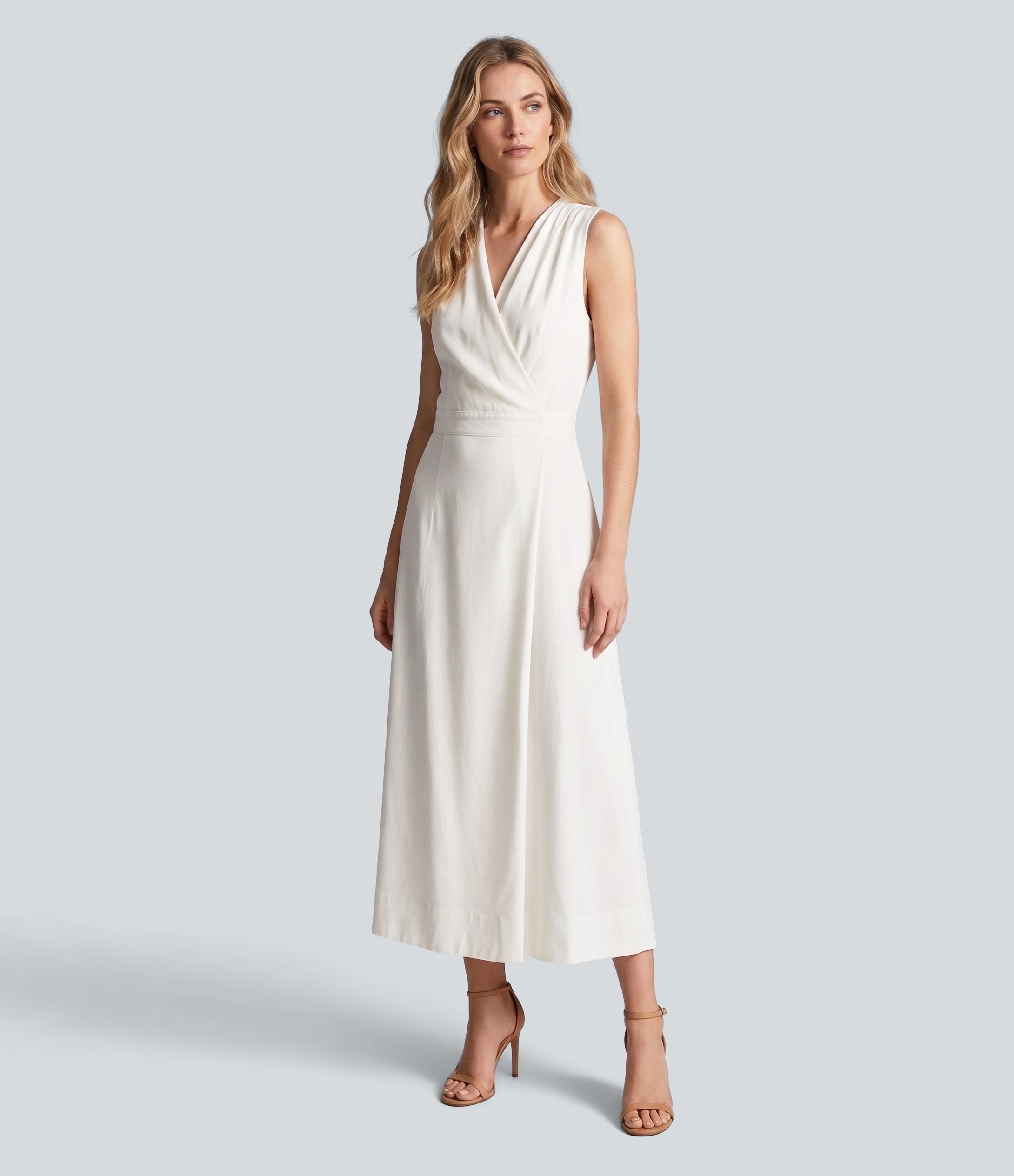 Ärmelloses Midikleid in Leinenoptik mit V-Ausschnitt