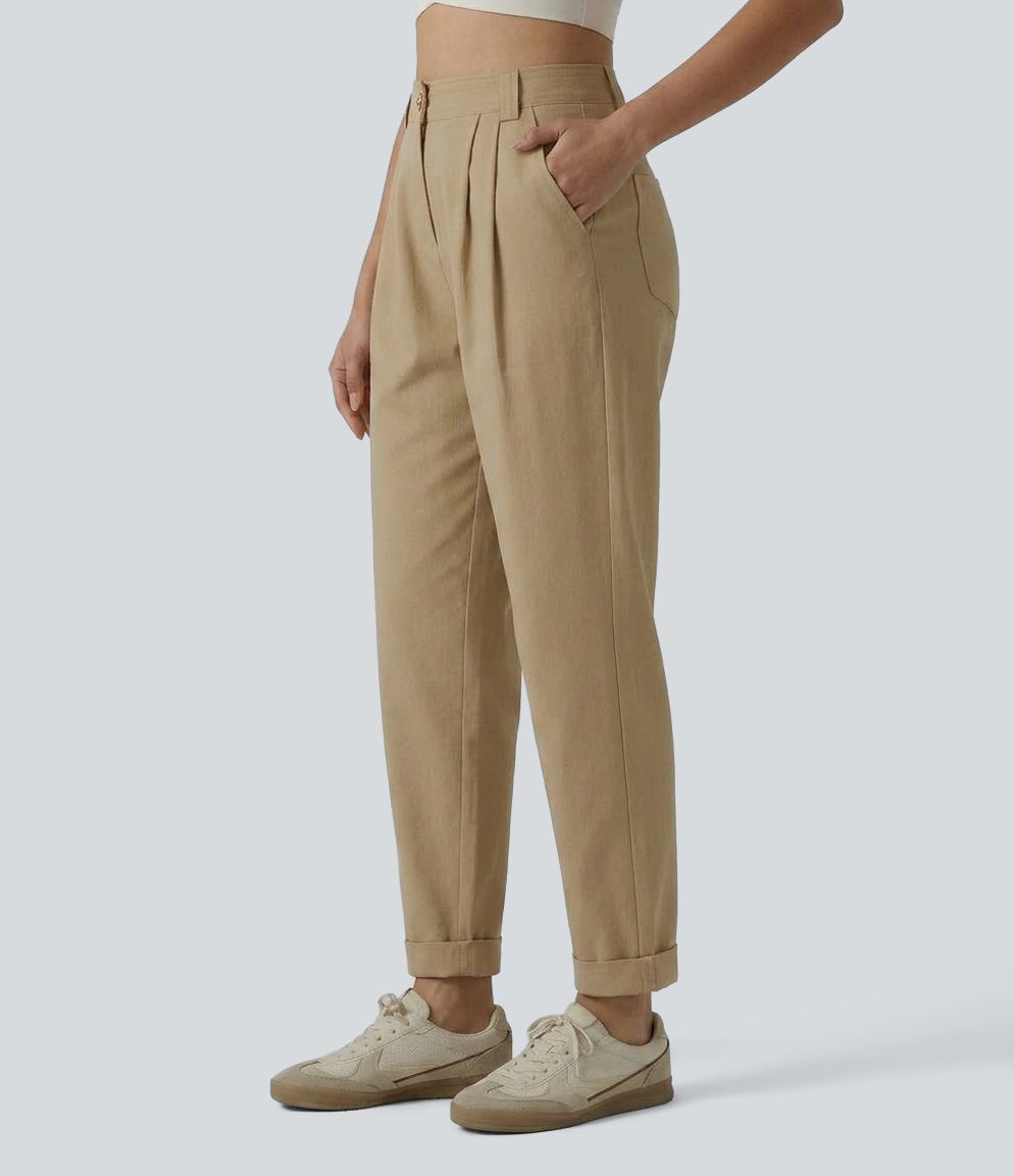 Schmal zulaufende Bürohose aus Baumwolle mit mittelhohem Bund, Seitentaschen und umgeschlagenem Saum