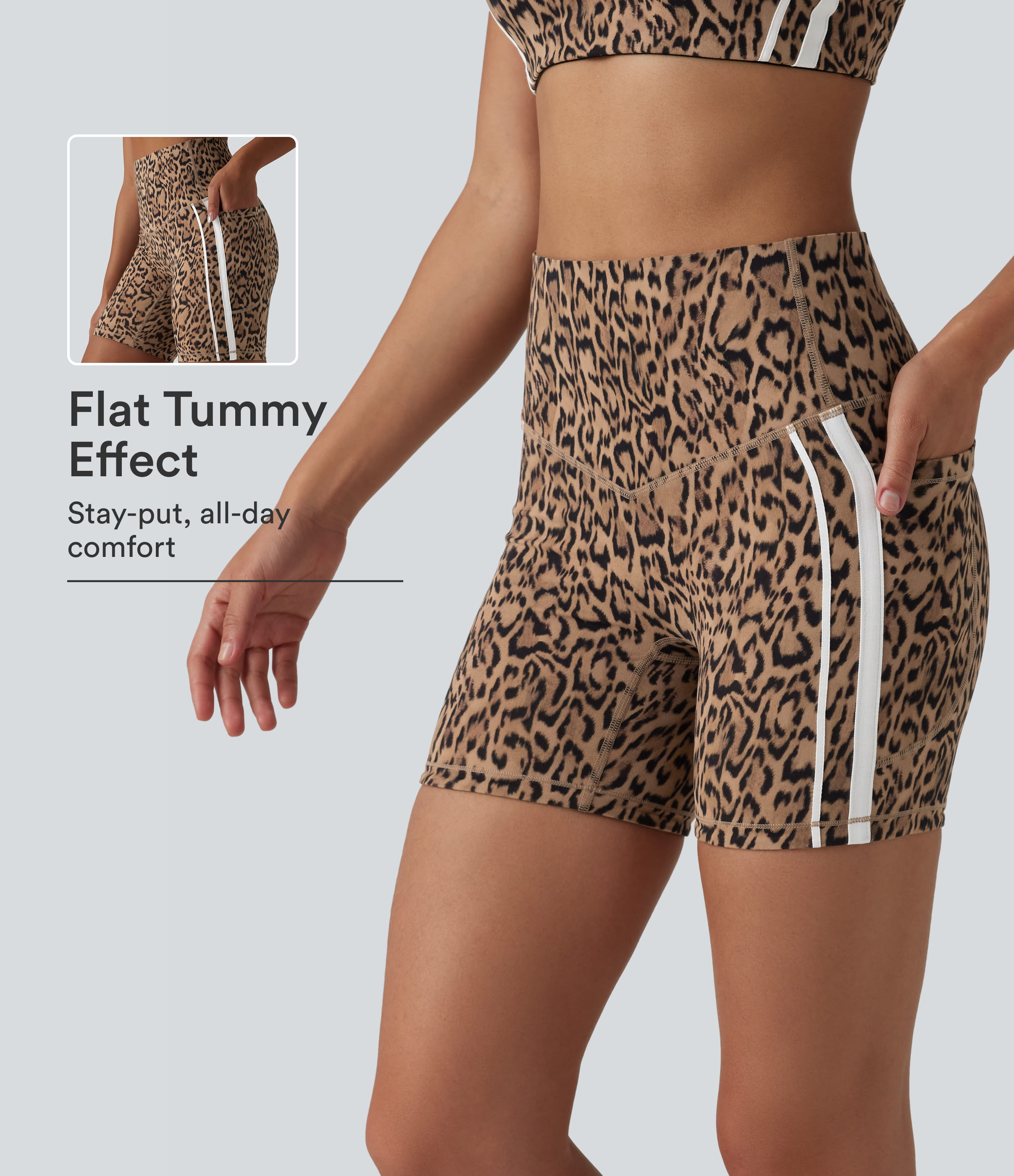 Halara UltraSculpt™ Leopard Print High Waisted Tummy Control Color Block Stripe Training Biker Shorts 5'' with Pockets