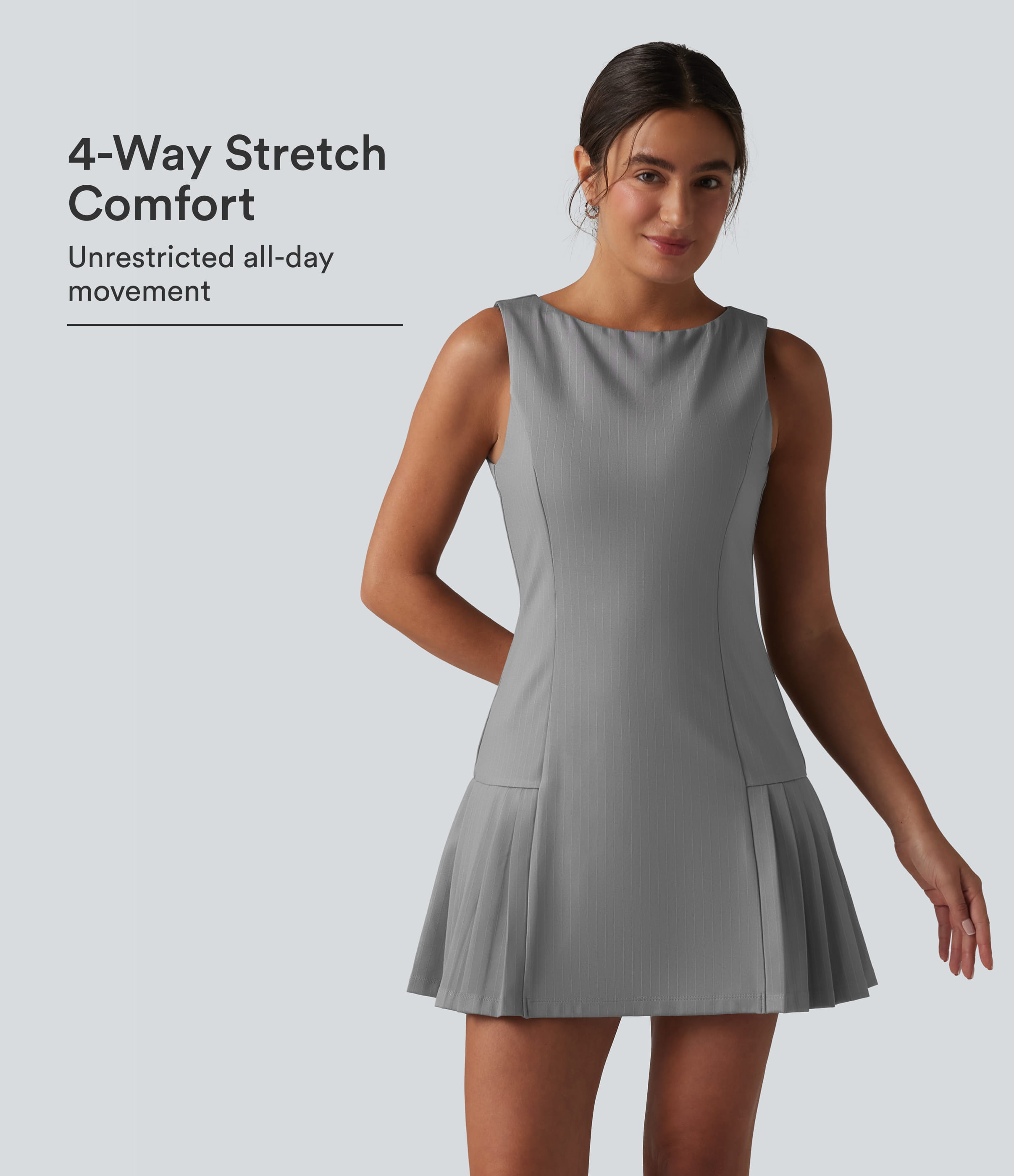 Boat Neck Sleeveless Pleated Stripe Mini Work Dress