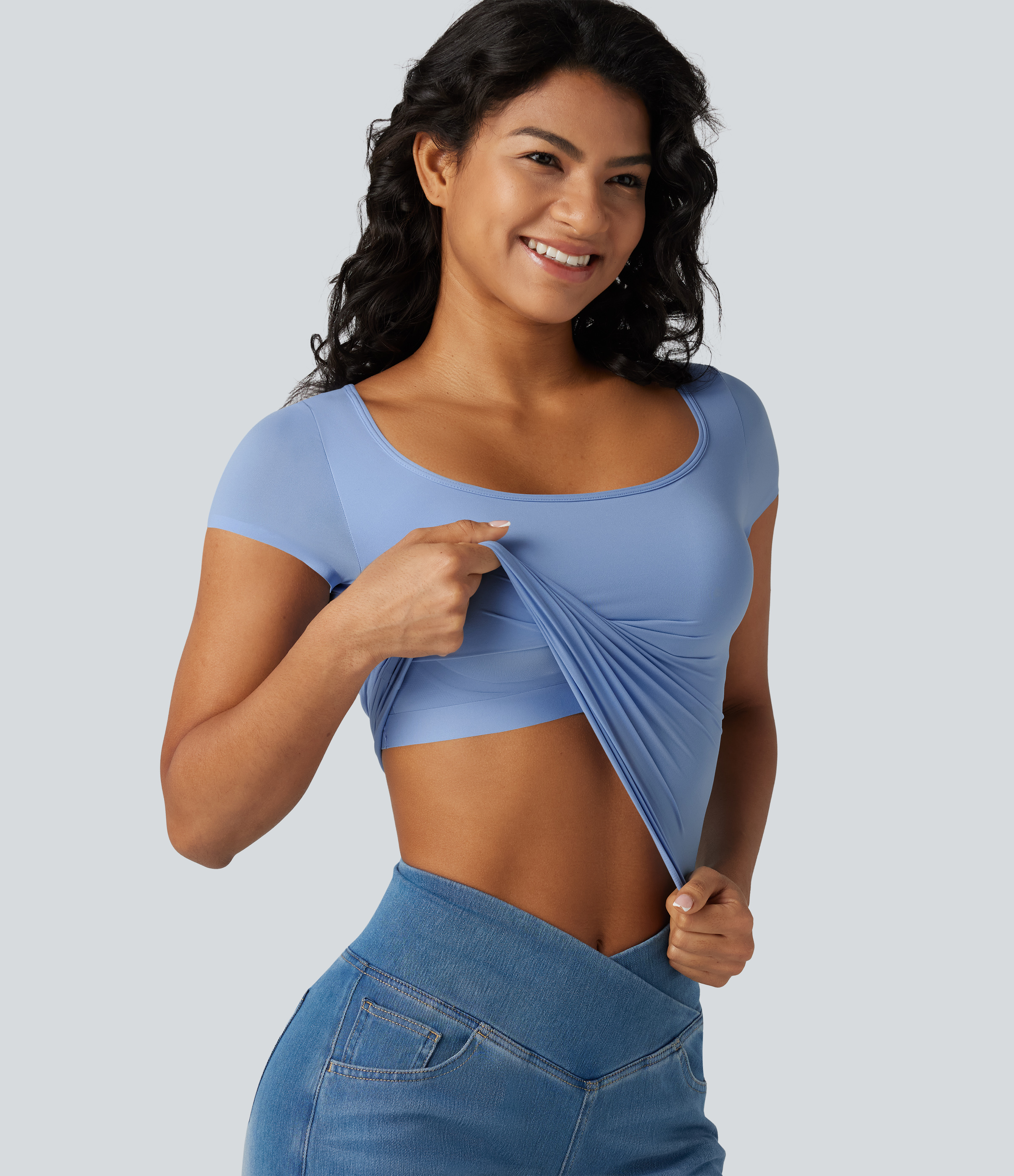 High Stretch Square Neck Built-in Bra Short Sleeve Casual T-Shirt B-DD Cups